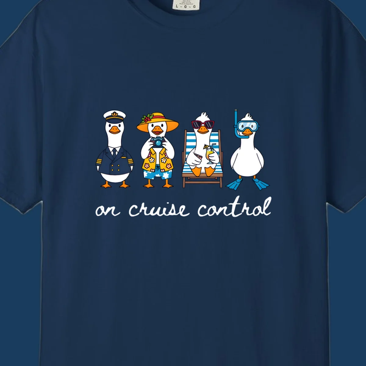 Ducks dressed as captain, tourist, sunbather, and snorkeler with 'on cruise control' text.