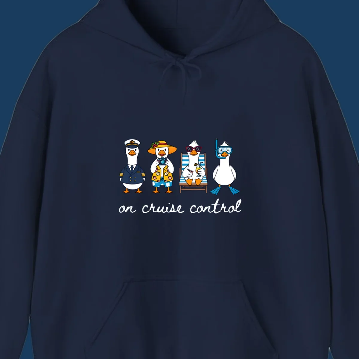 Ducks dressed as captain, tourist, sunbather, and snorkeler with 'on cruise control' text.