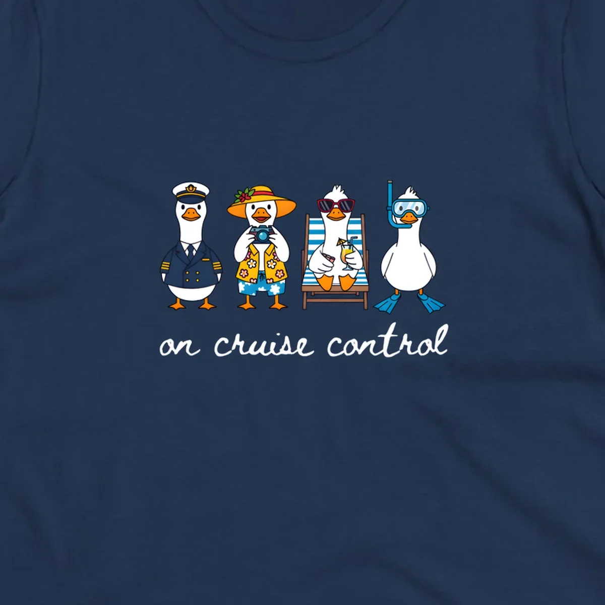 Ducks dressed as captain, tourist, sunbather, and snorkeler with 'on cruise control' text.