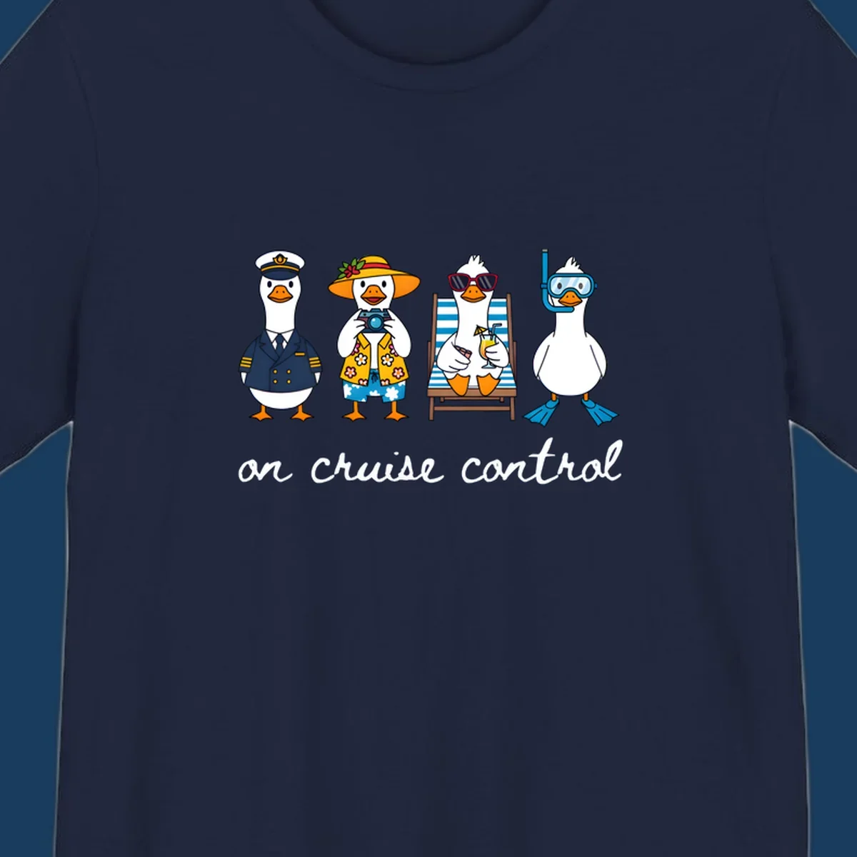 Ducks dressed as captain, tourist, sunbather, and snorkeler with 'on cruise control' text.