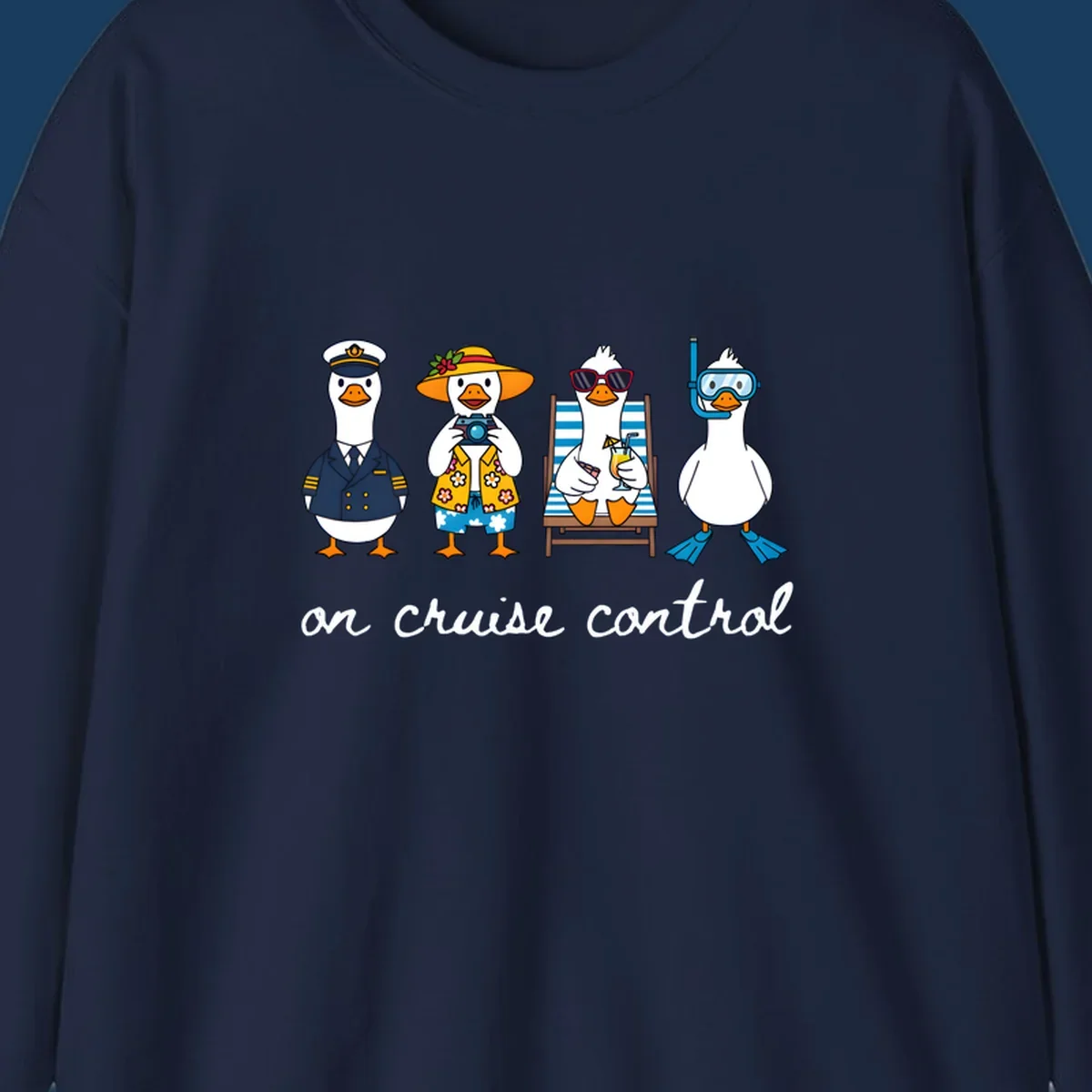 Ducks dressed as captain, tourist, sunbather, and snorkeler with 'on cruise control' text.