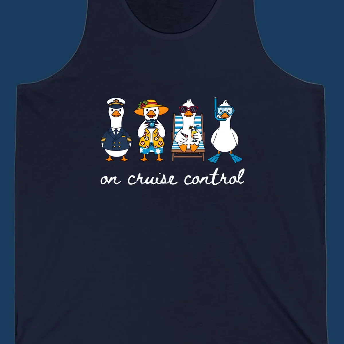 Ducks dressed as captain, tourist, sunbather, and snorkeler with 'on cruise control' text.