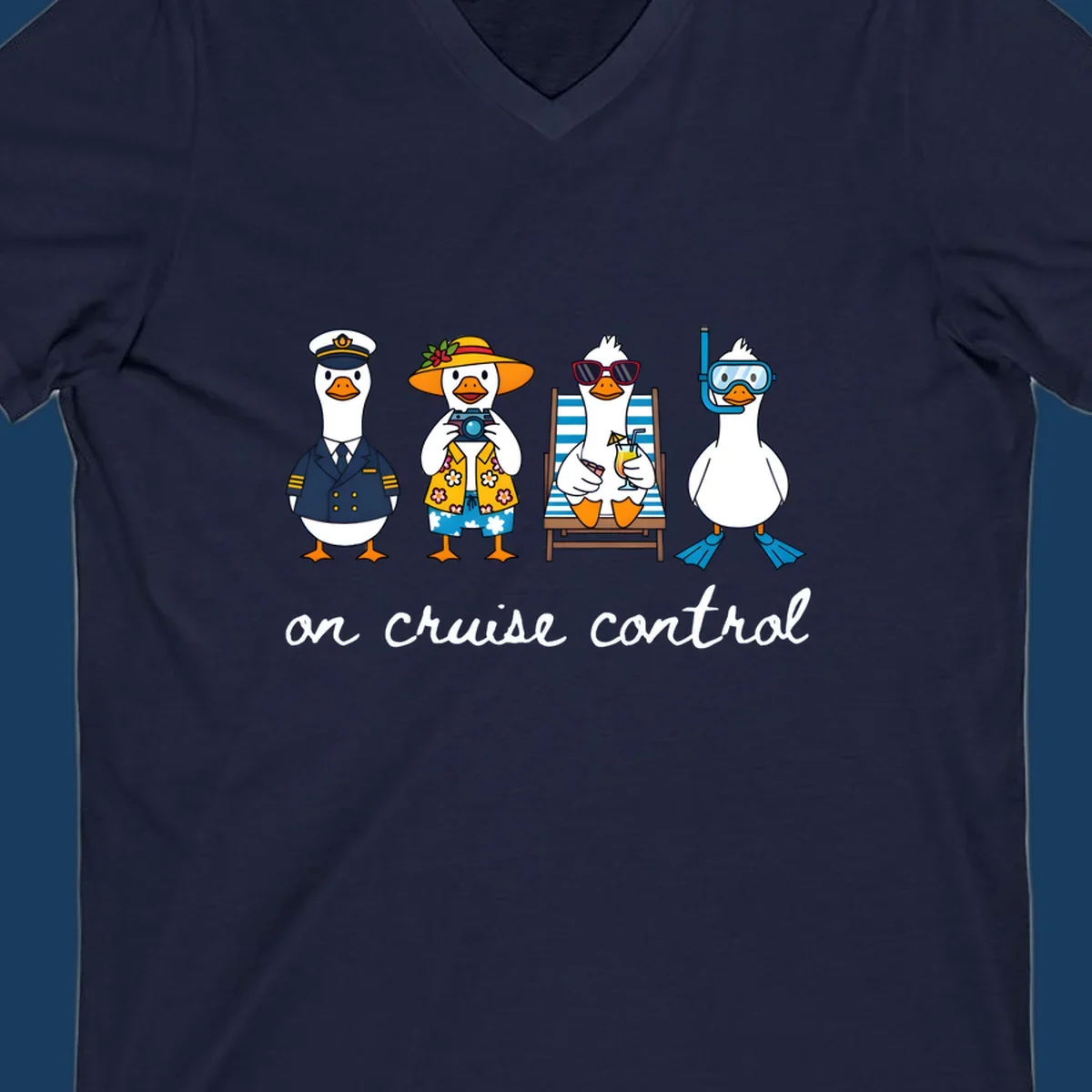 Ducks dressed as captain, tourist, sunbather, and snorkeler with 'on cruise control' text.