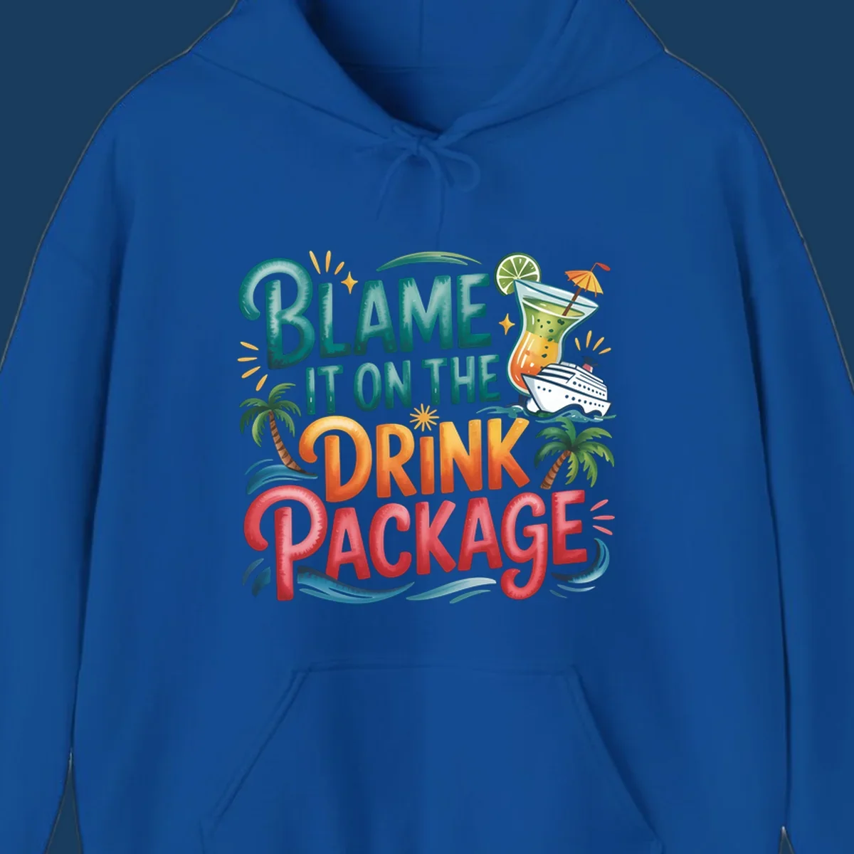 Text and graphics about blaming the drink package on a cruise, with cocktail and ship.
