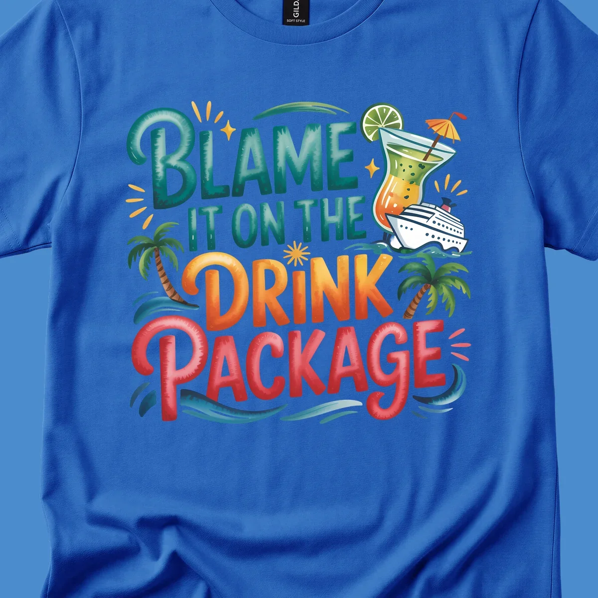 Text and graphics about blaming the drink package on a cruise, with cocktail and ship.