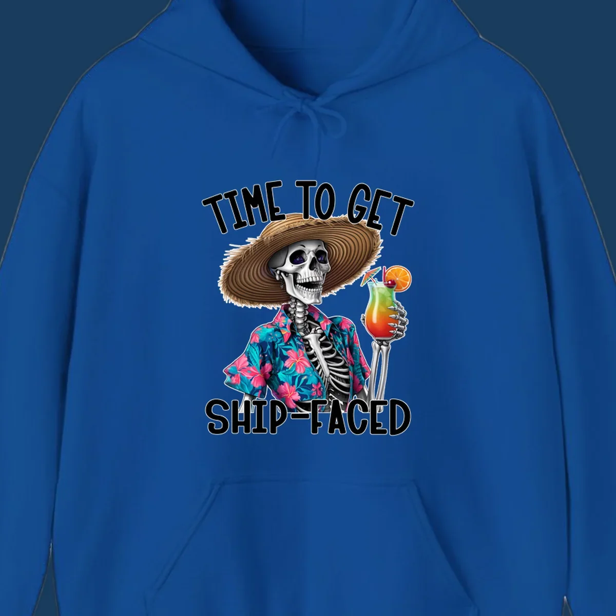 Skeleton in Hawaiian shirt and hat holding a cocktail with text 'Time To Get Ship-Faced'.