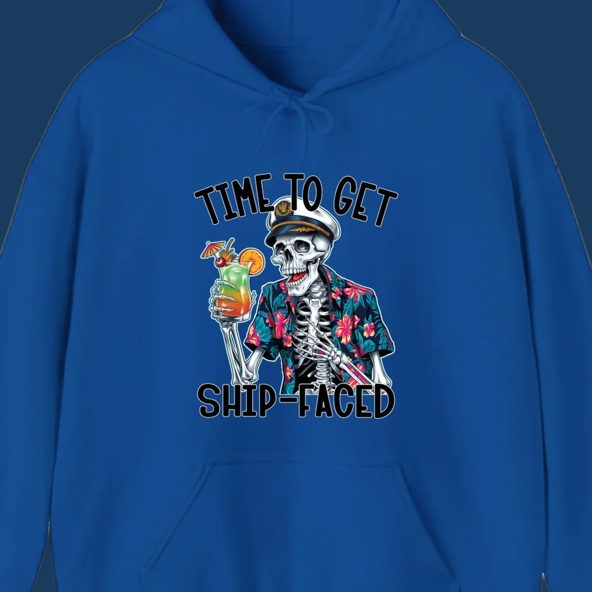 Skeleton captain with cocktail and "Time To Get Ship-Faced" text, for funny cruise shirts.