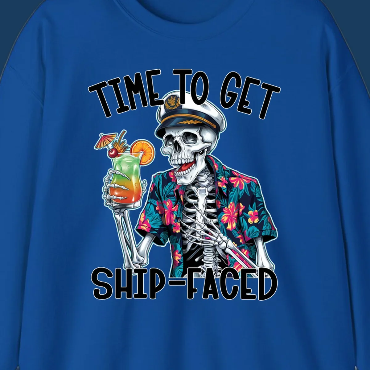 Skeleton captain with cocktail and "Time To Get Ship-Faced" text, for funny cruise shirts.