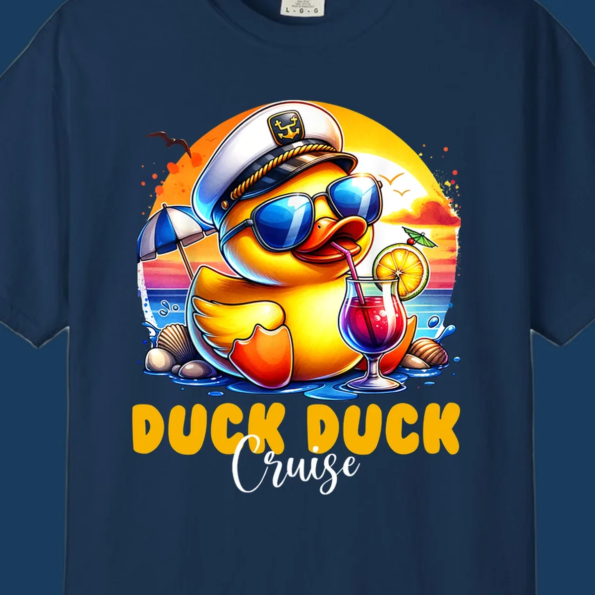 Illustration of a captain duck with a cocktail on a beach at sunset, with 'DUCK DUCK Cruise' text.