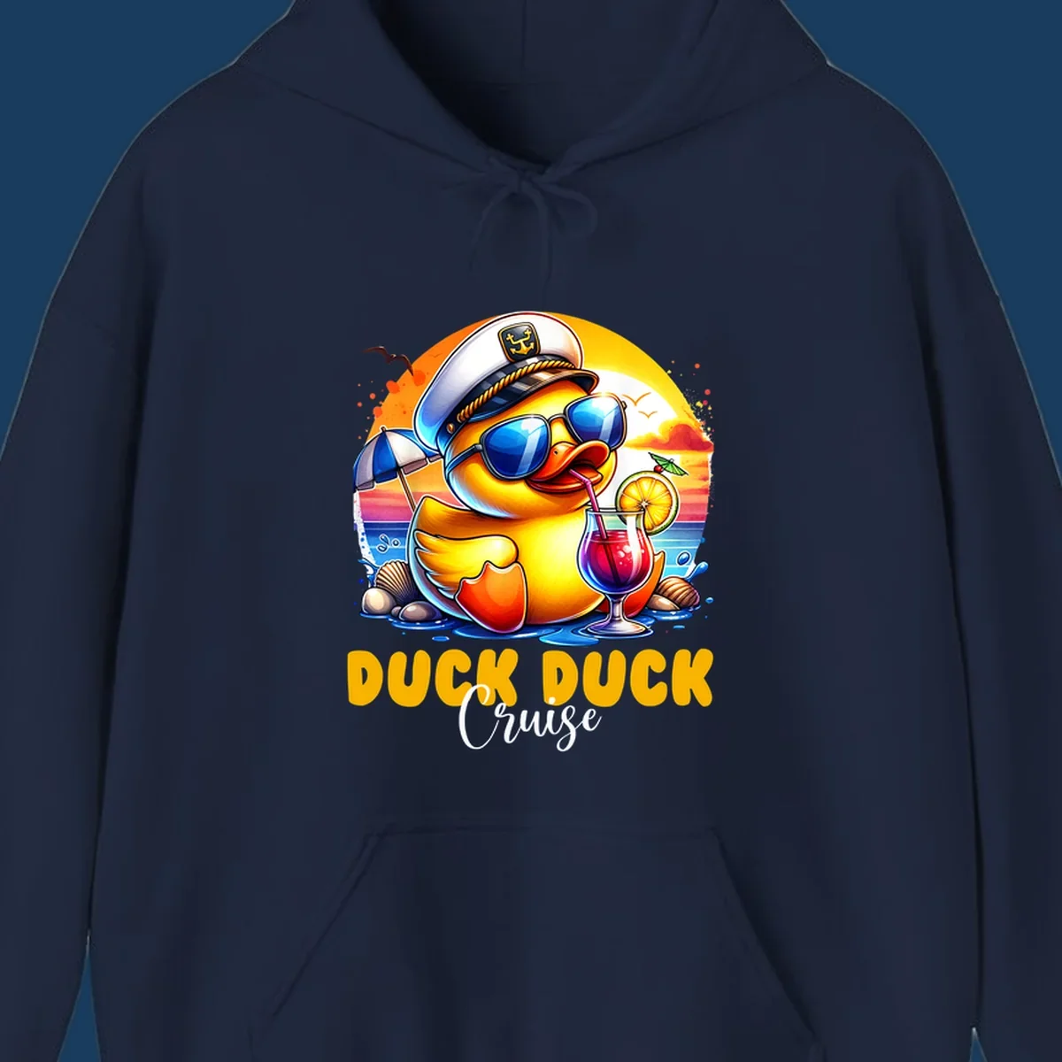 Illustration of a captain duck with a cocktail on a beach at sunset, with 'DUCK DUCK Cruise' text.