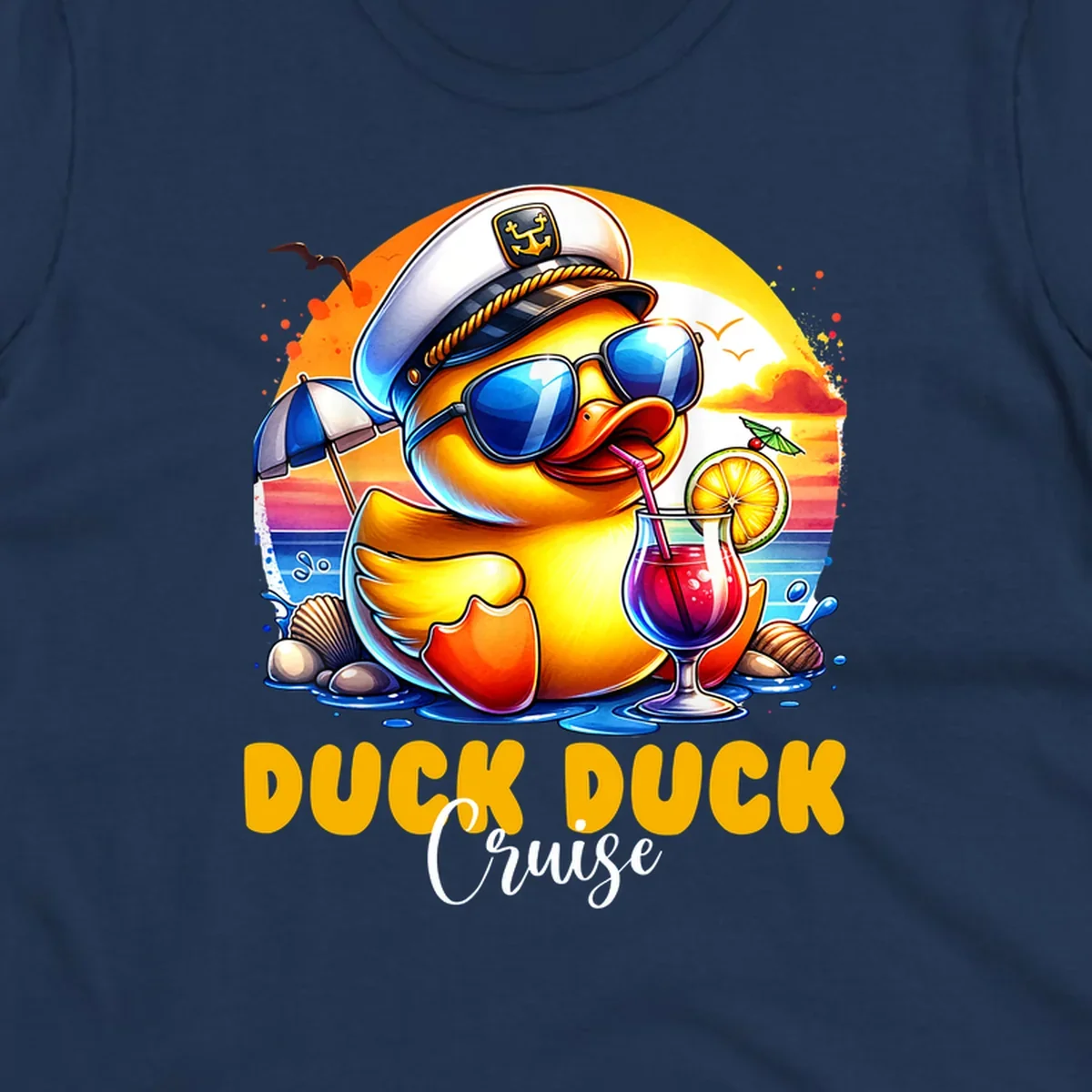 Illustration of a captain duck with a cocktail on a beach at sunset, with 'DUCK DUCK Cruise' text.