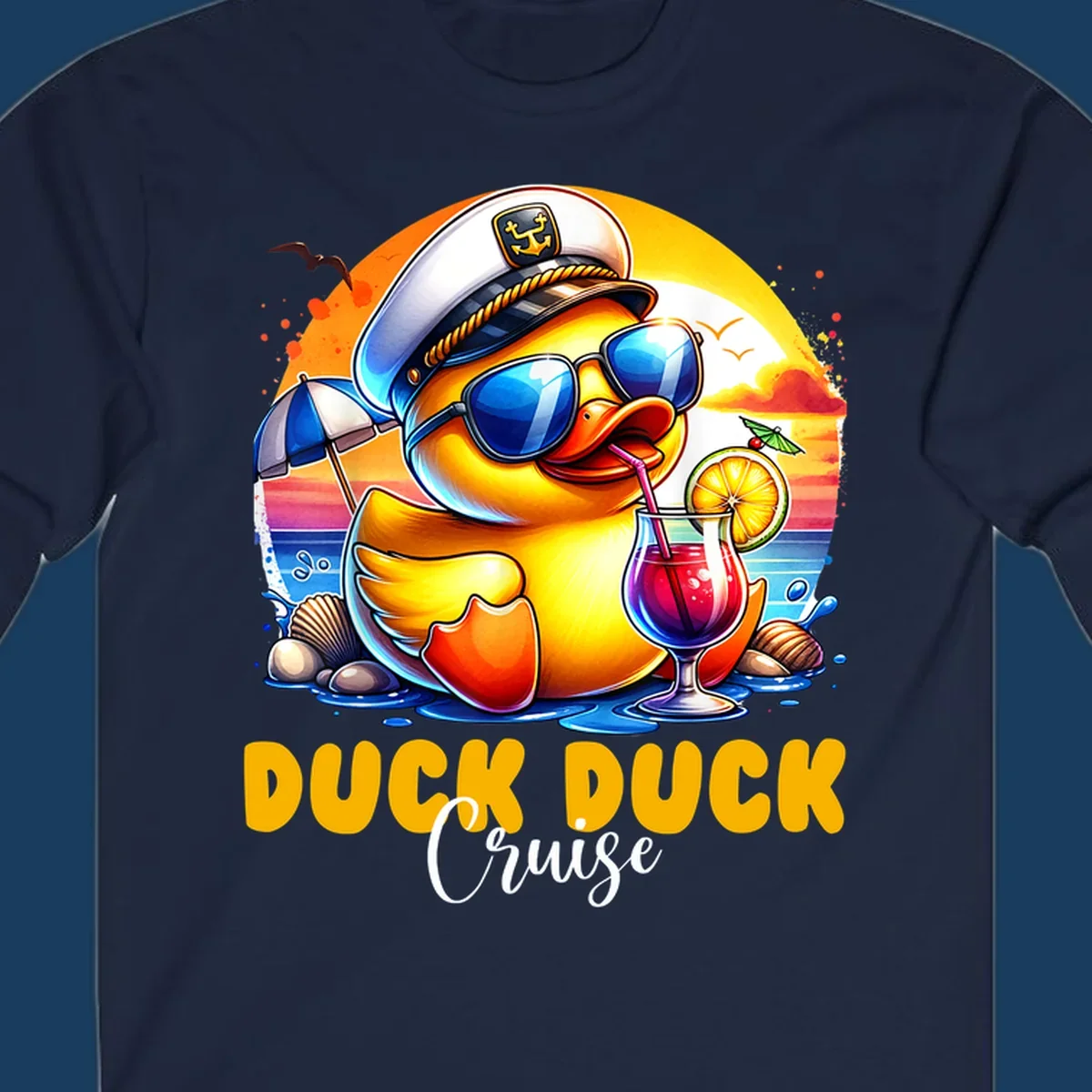 Illustration of a captain duck with a cocktail on a beach at sunset, with 'DUCK DUCK Cruise' text.