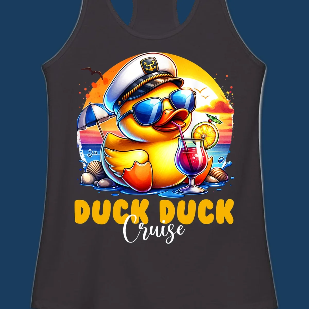 Illustration of a captain duck with a cocktail on a beach at sunset, with 'DUCK DUCK Cruise' text.