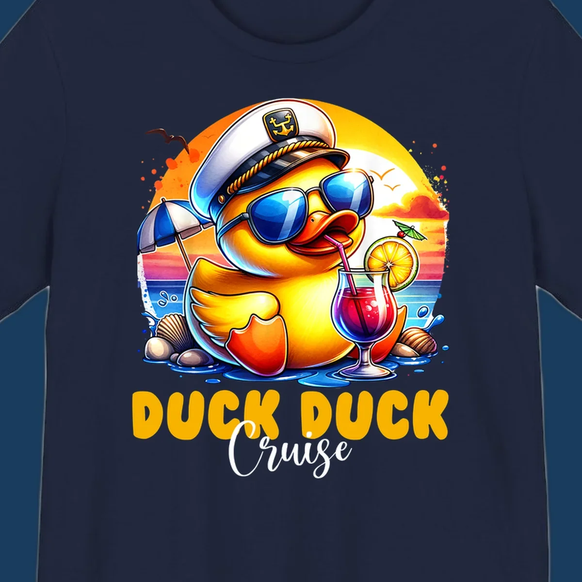 Illustration of a captain duck with a cocktail on a beach at sunset, with 'DUCK DUCK Cruise' text.