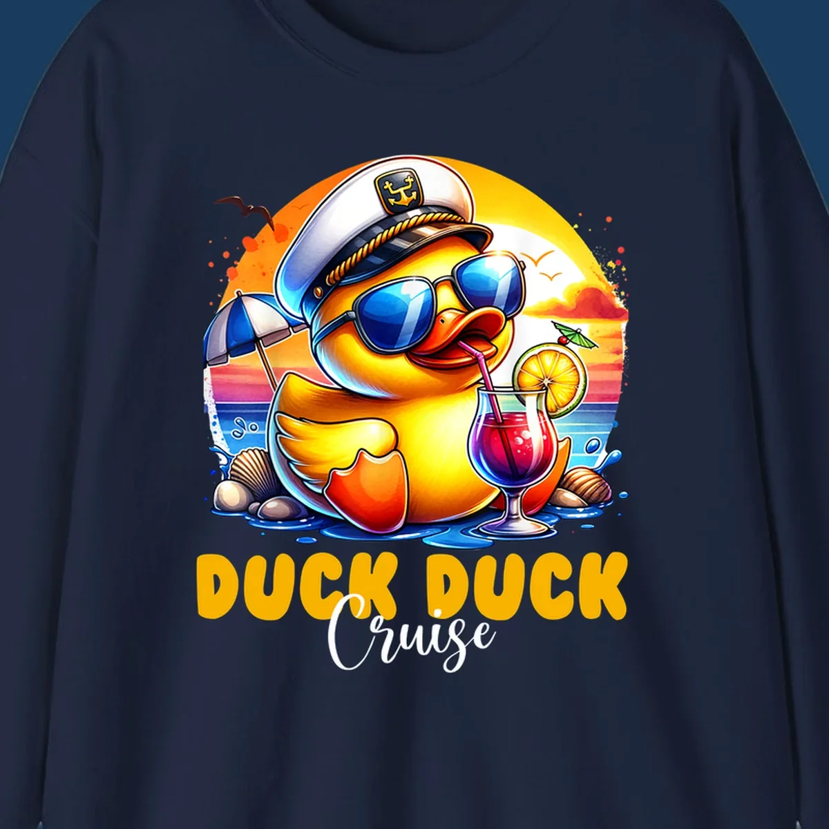Illustration of a captain duck with a cocktail on a beach at sunset, with 'DUCK DUCK Cruise' text.