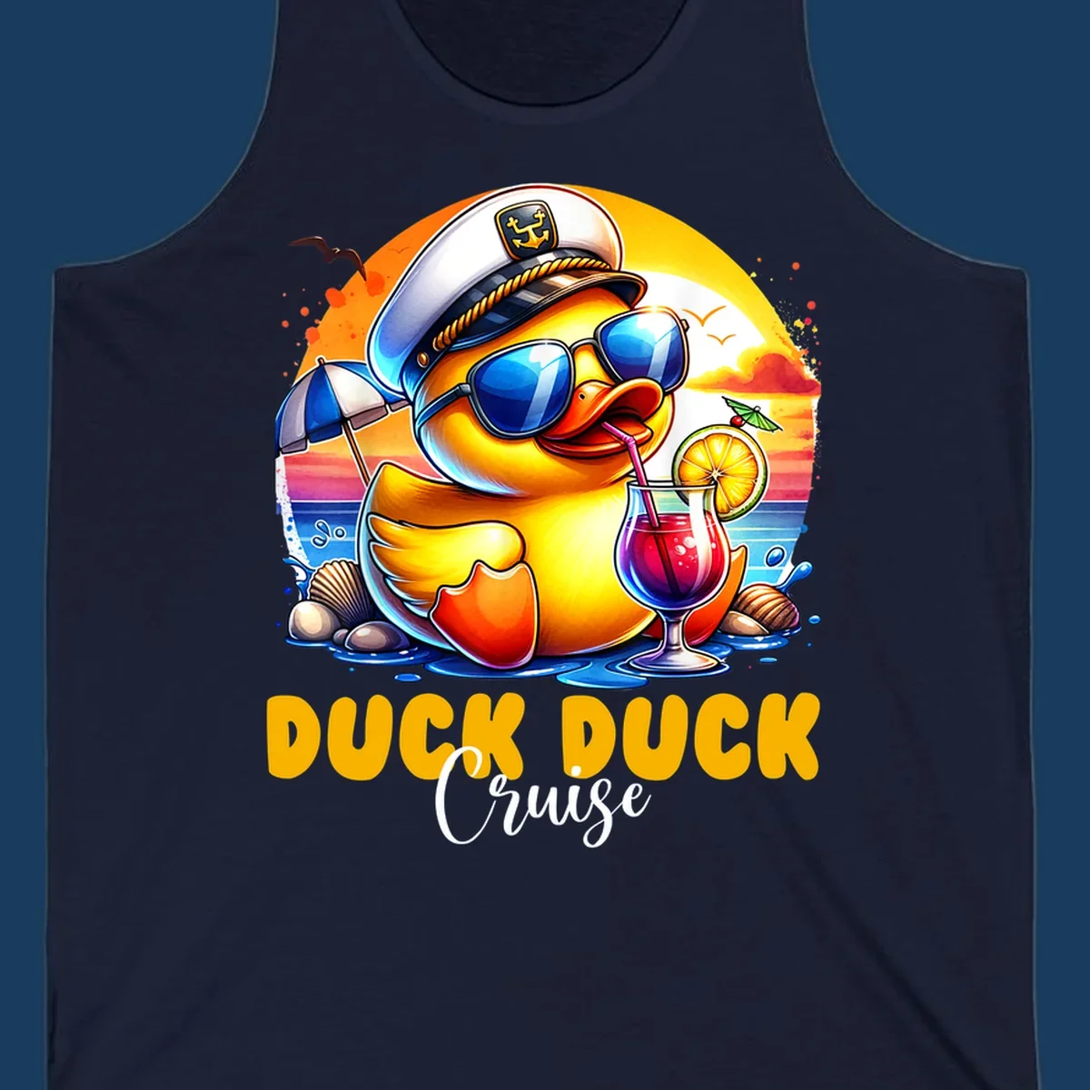 Illustration of a captain duck with a cocktail on a beach at sunset, with 'DUCK DUCK Cruise' text.