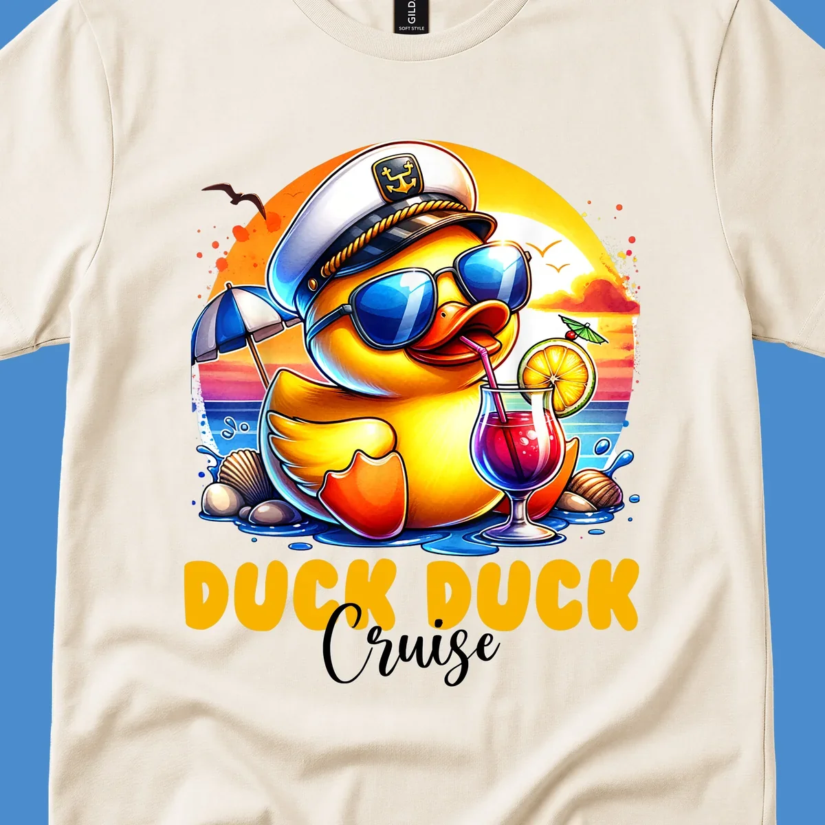 Illustration of a captain duck with a cocktail on a beach at sunset, with 'DUCK DUCK Cruise' text.