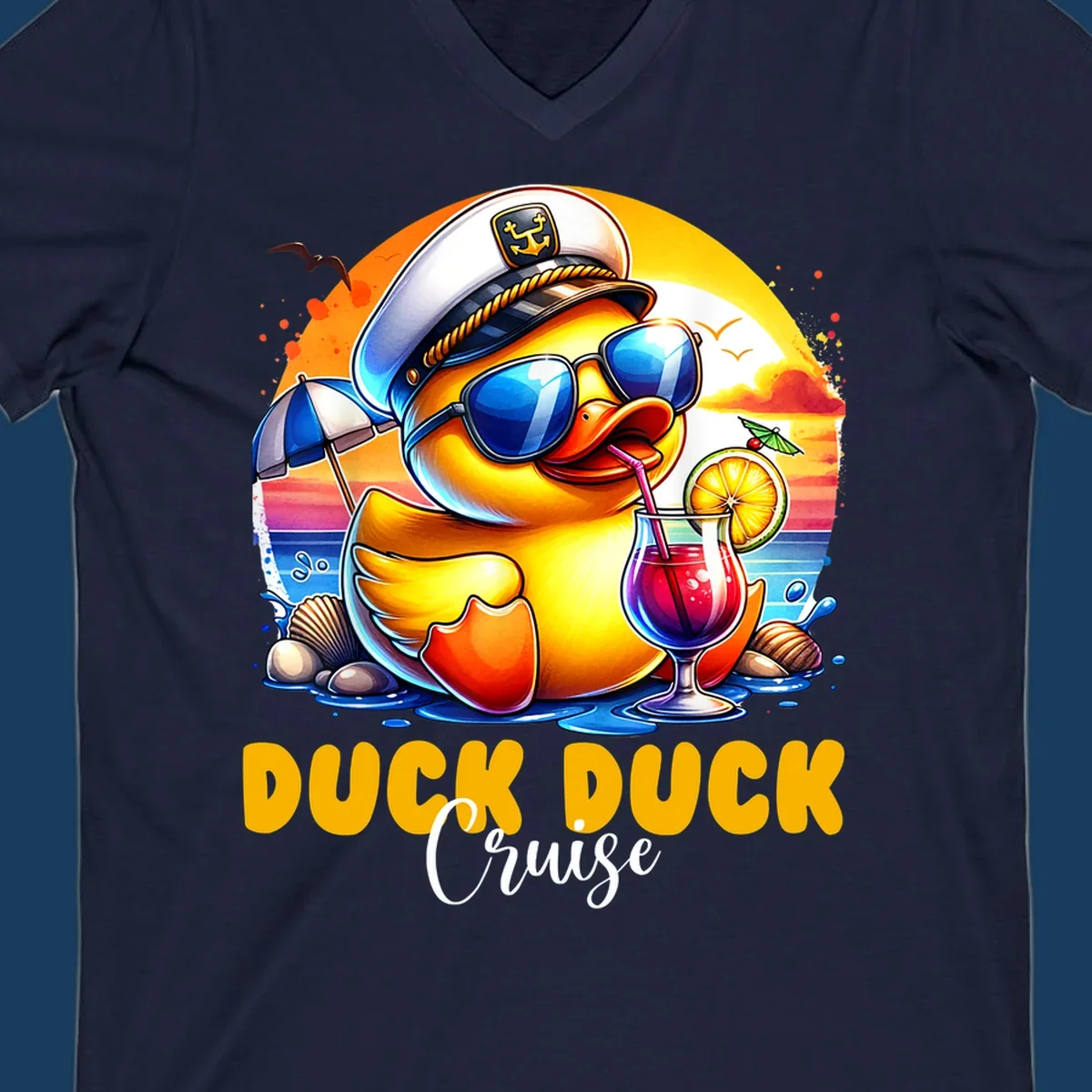 Illustration of a captain duck with a cocktail on a beach at sunset, with 'DUCK DUCK Cruise' text.