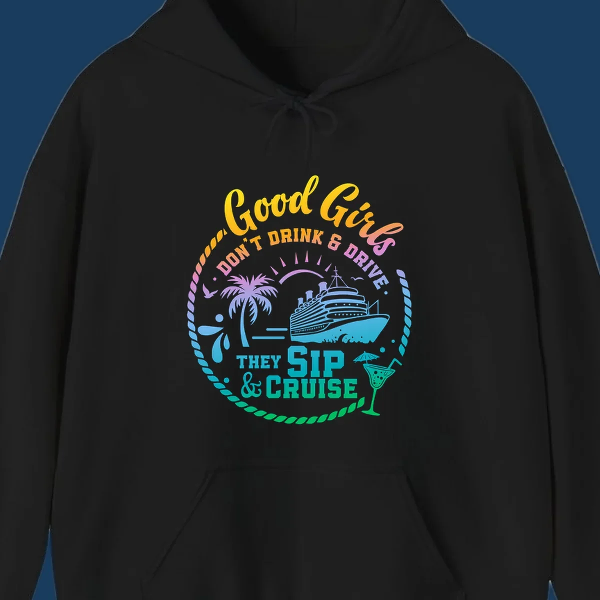 Good Girls Sip And Cruise text with illustration of cruise ship, palm tree, and cocktail.