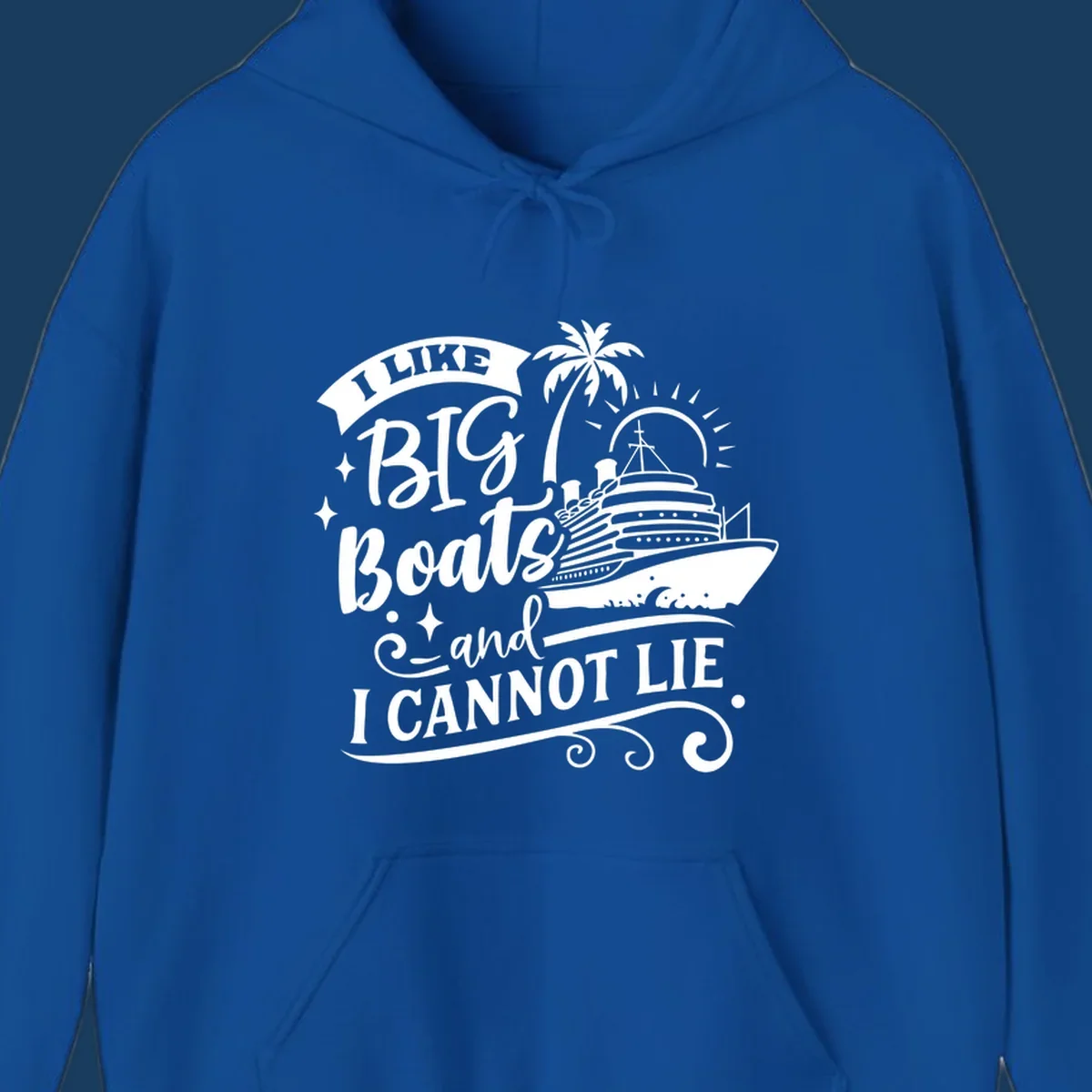 I like big boats and I cannot lie text with cruise ship and palm tree illustration.