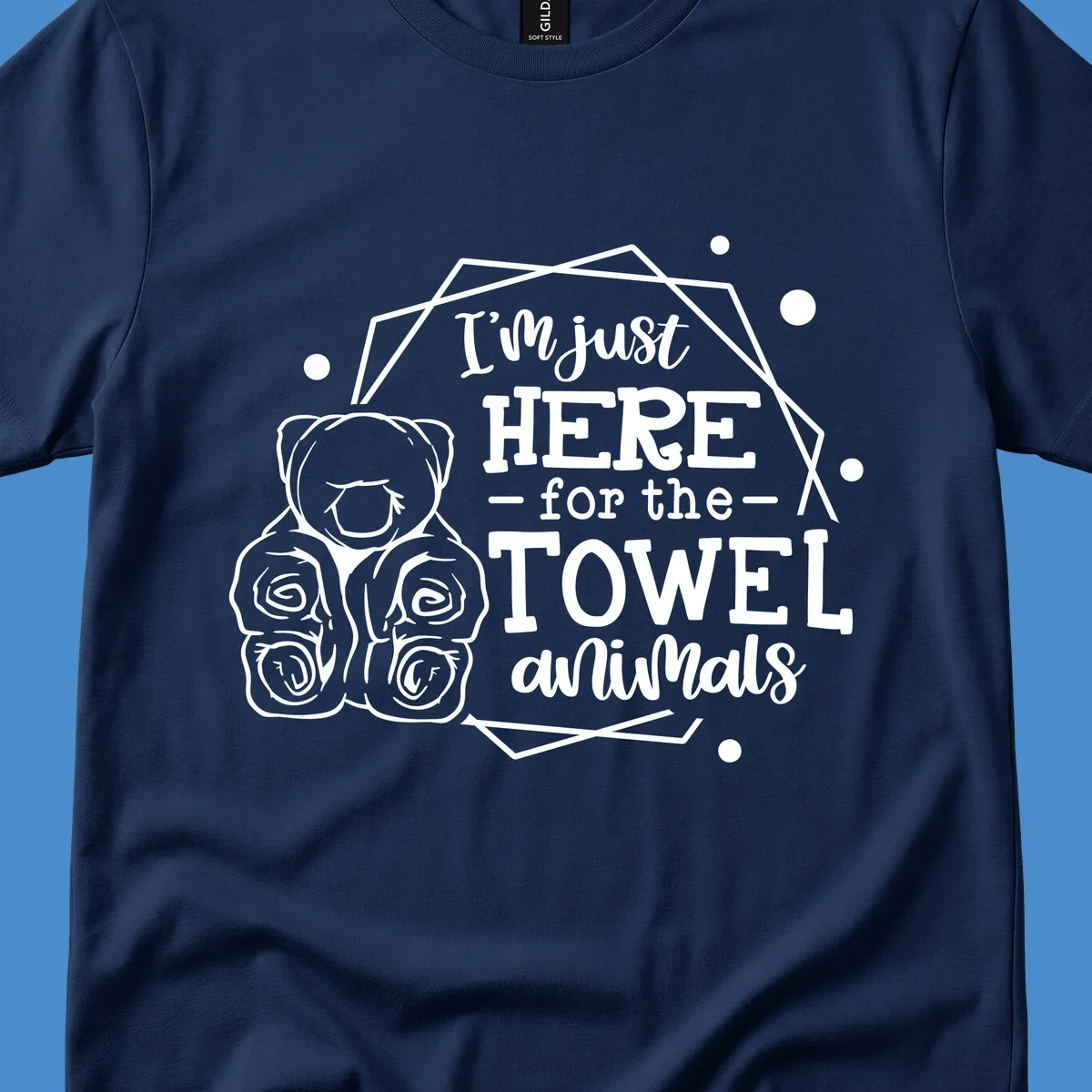 Illustration of a bear with text 'I'm just HERE for the TOWEL animals', for a towel-animal-cruise shirt.