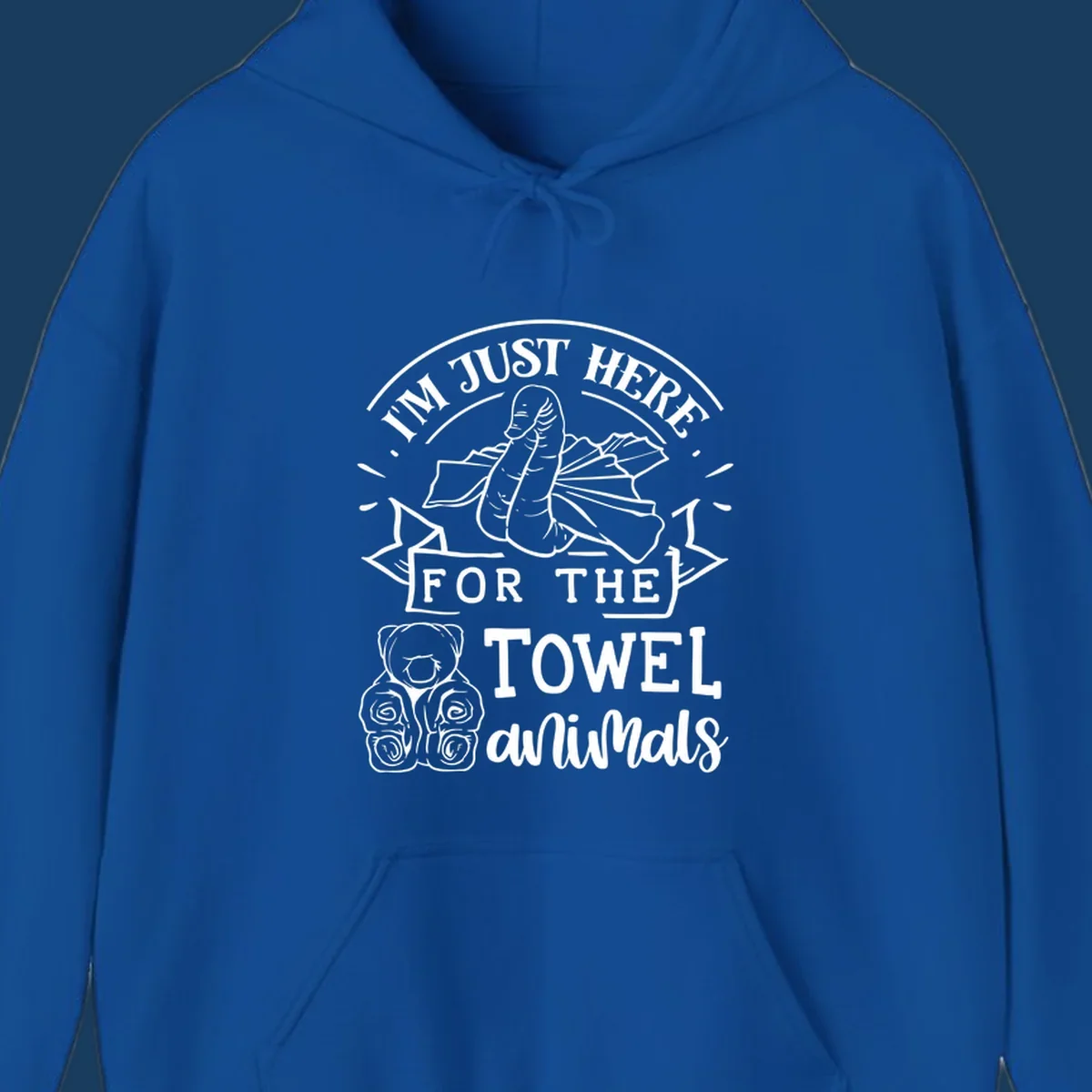 Illustration of towel origami animals with text "I'M JUST HERE FOR THE TOWEL animals".