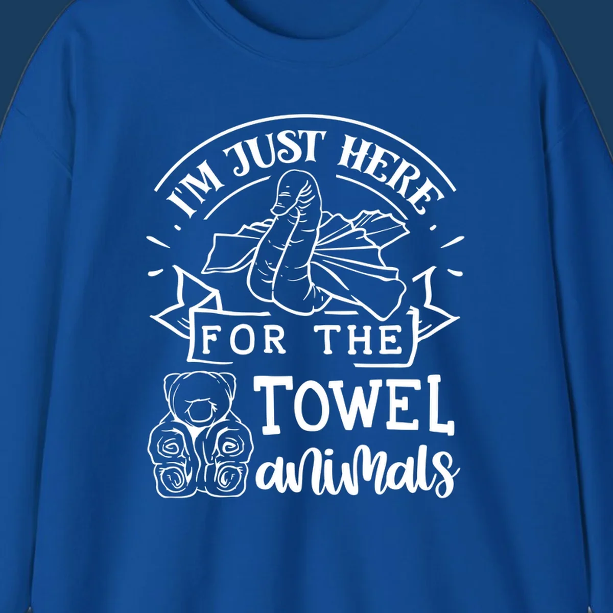 Illustration of towel origami animals with text "I'M JUST HERE FOR THE TOWEL animals".