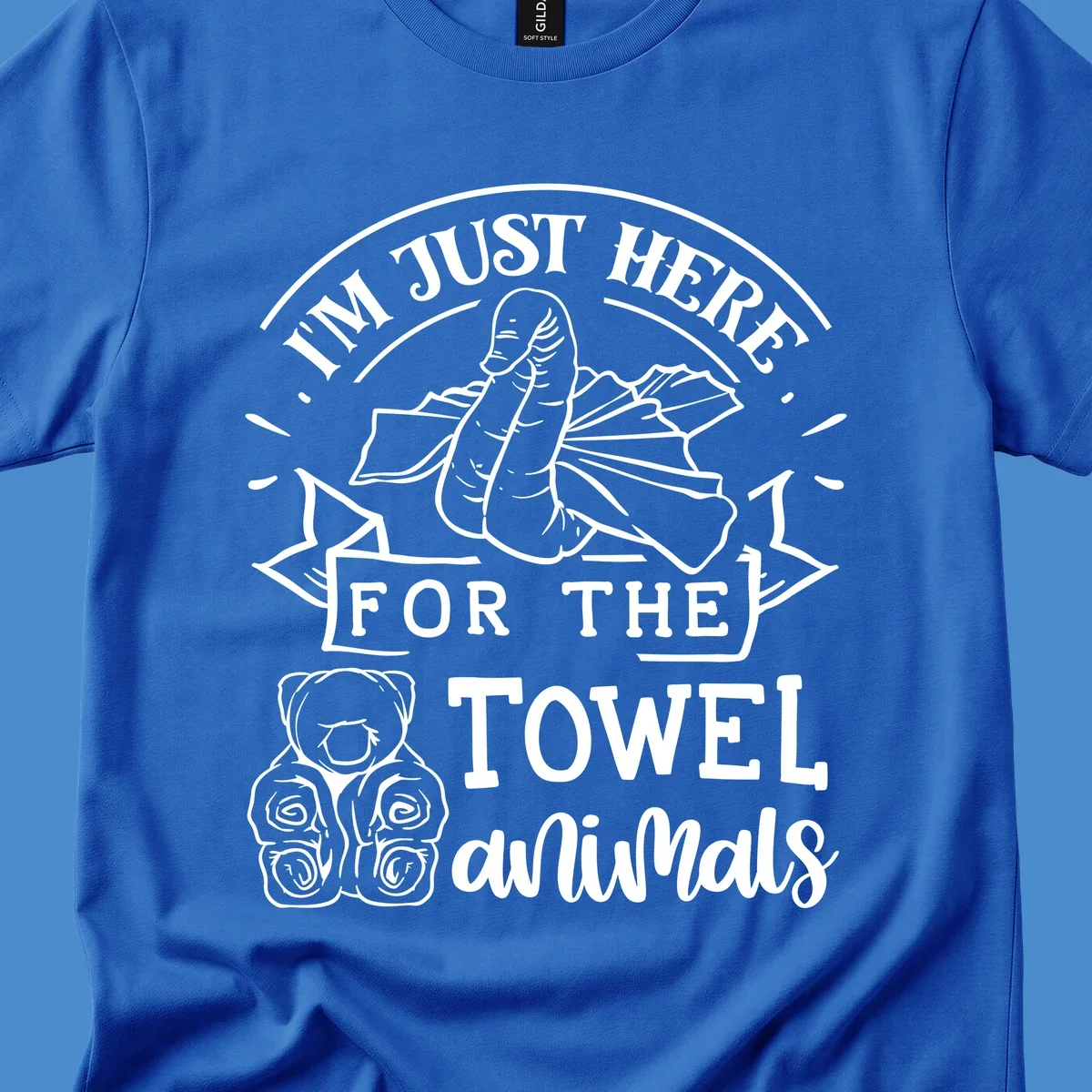 Illustration of towel origami animals with text "I'M JUST HERE FOR THE TOWEL animals".
