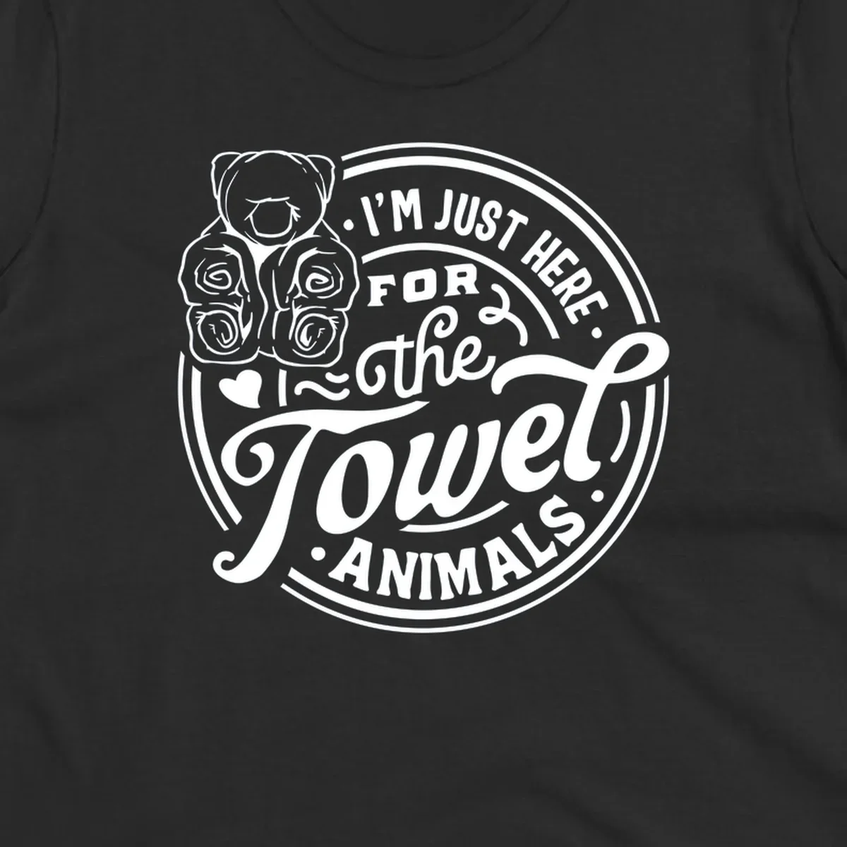 Circular design with a teddy bear made of towels and text about towel animals, for a towel-animal-cruise theme.