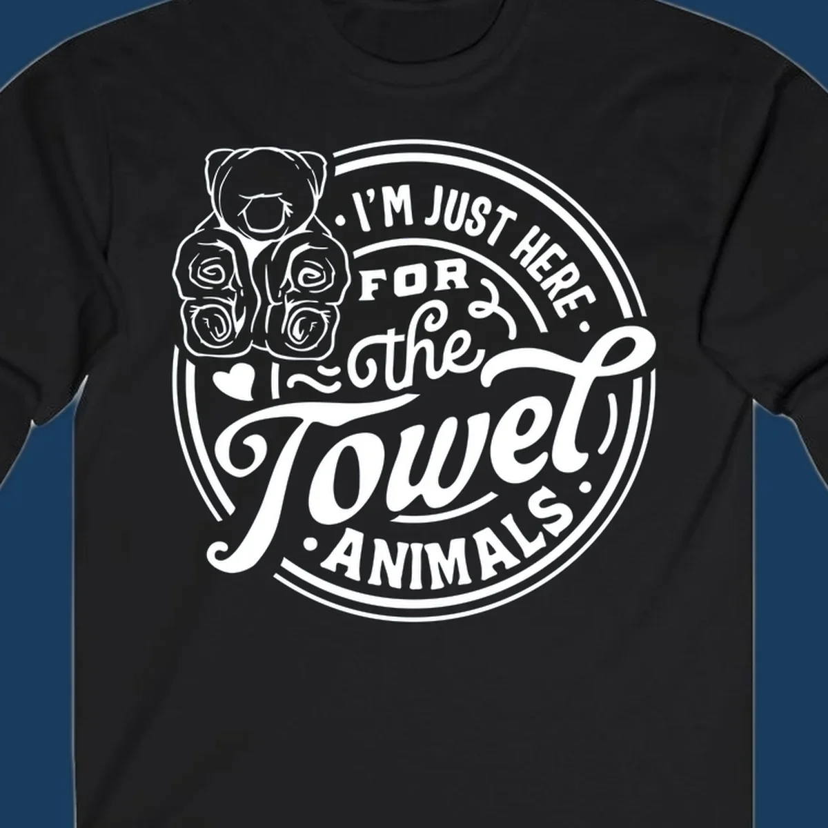 Circular design with a teddy bear made of towels and text about towel animals, for a towel-animal-cruise theme.