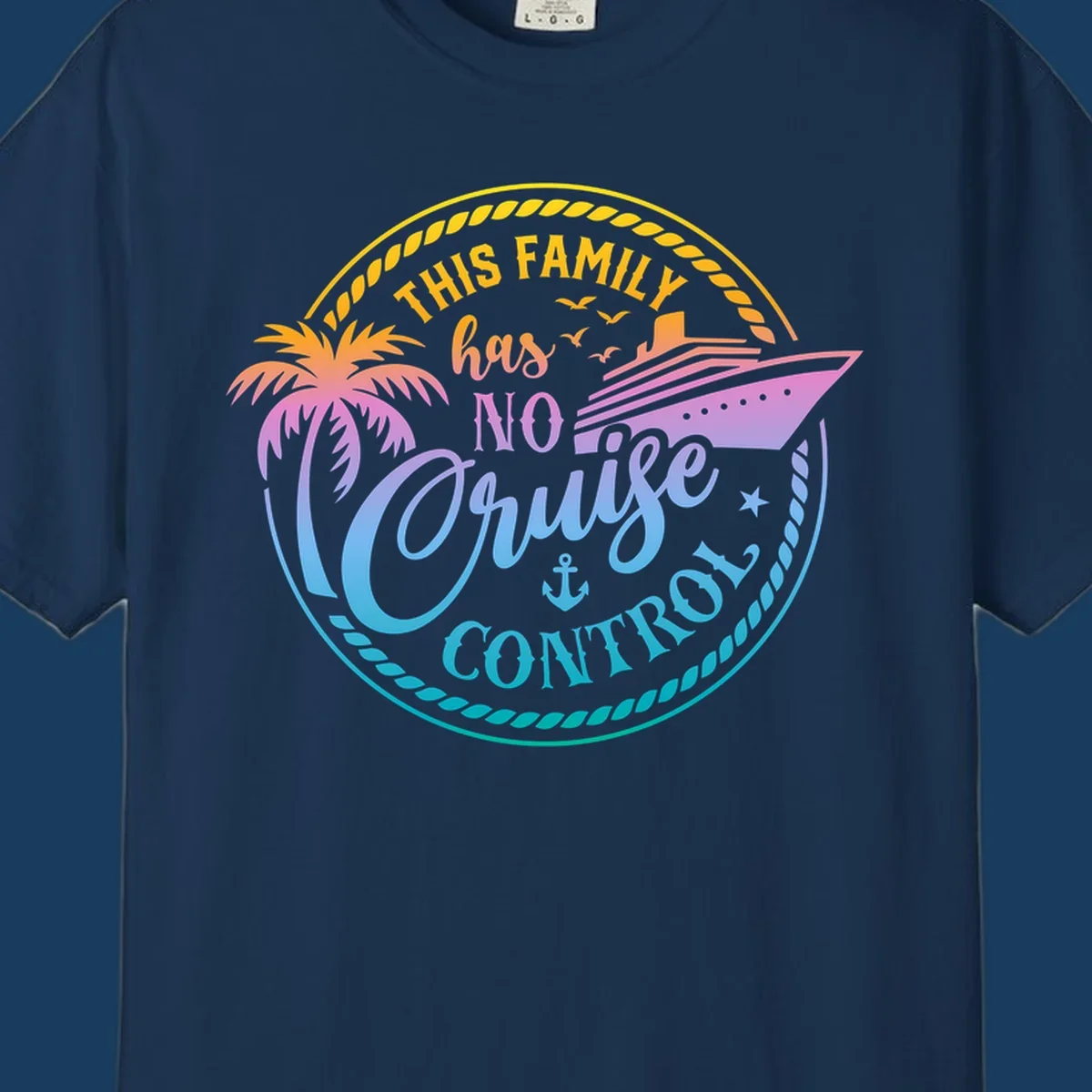 Family cruise vacation design with text 'This Family Has No Cruise Control', a cruise ship, and a palm tree.