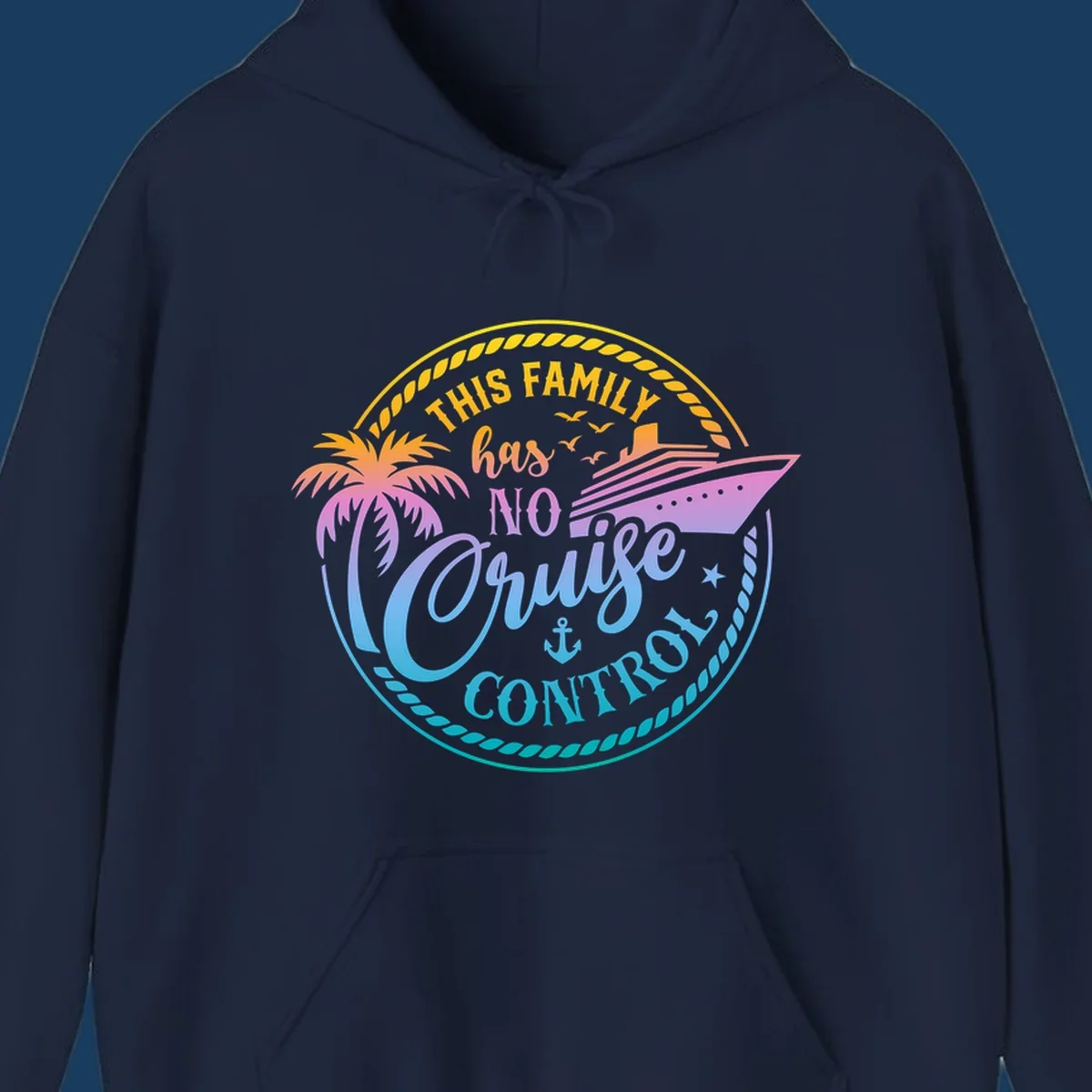 Family cruise vacation design with text 'This Family Has No Cruise Control', a cruise ship, and a palm tree.