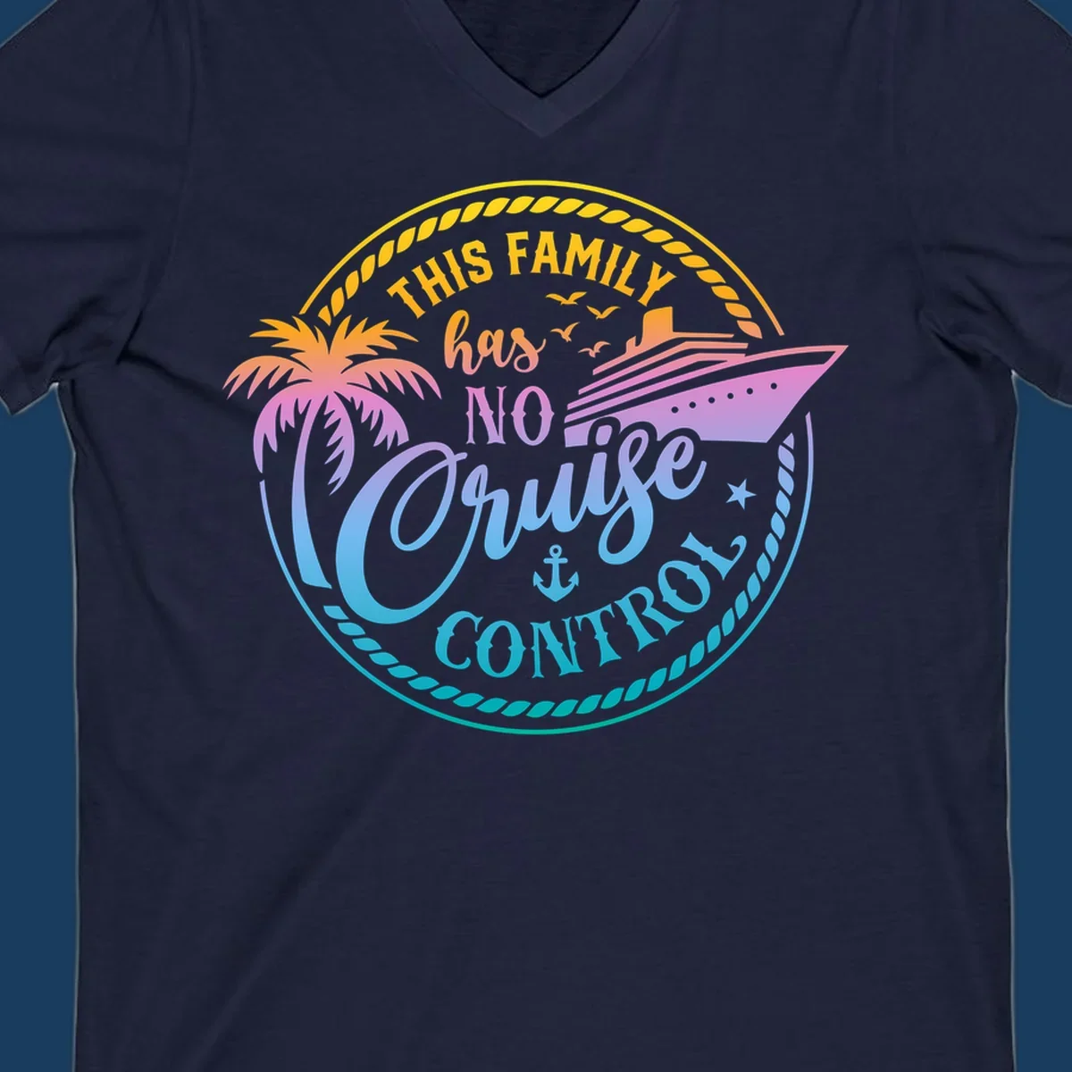Family cruise vacation design with text 'This Family Has No Cruise Control', a cruise ship, and a palm tree.