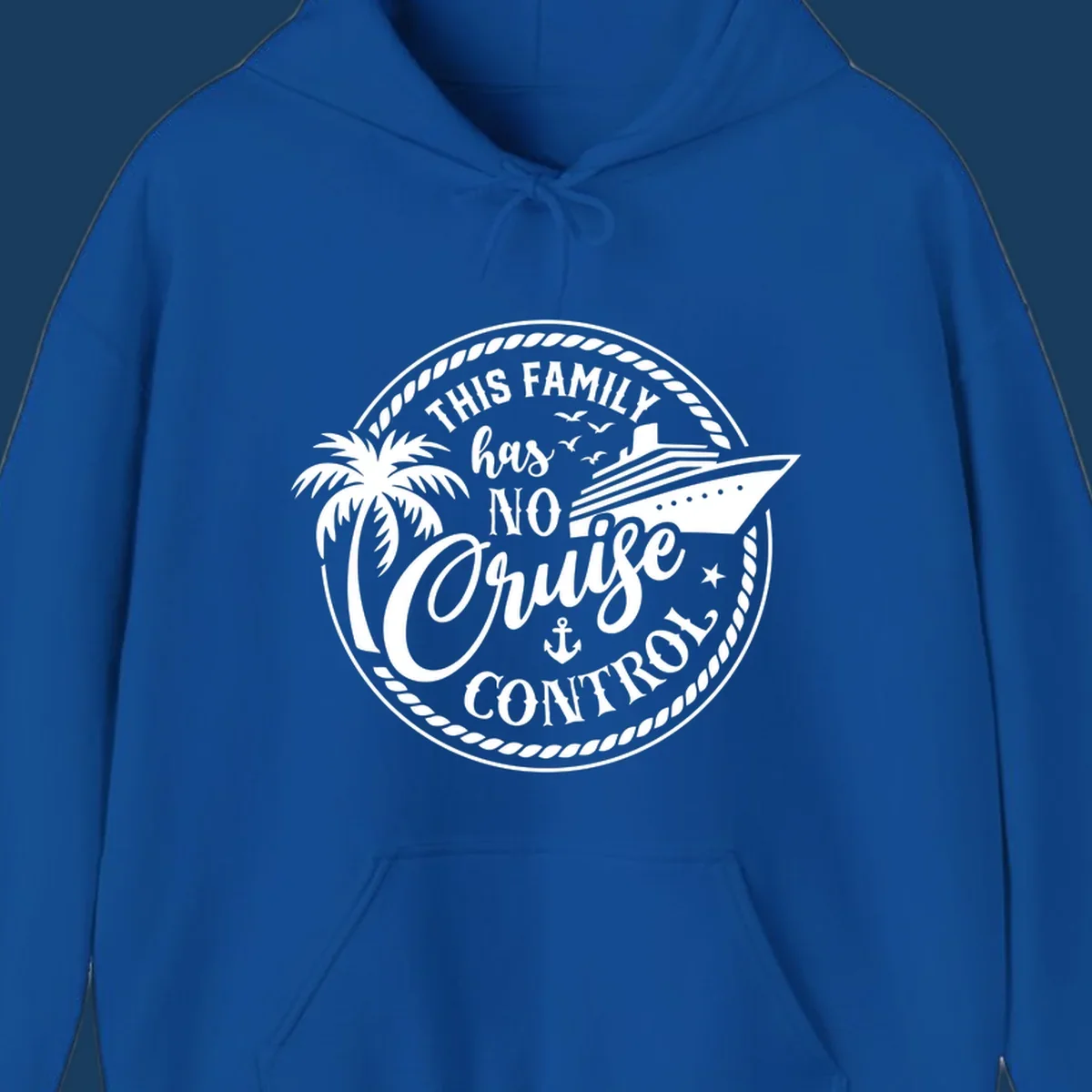 Funny cruise design with text 'This Family Has No Cruise Control', a cruise ship, and a palm tree. Primary keyword root: no-cruise-control