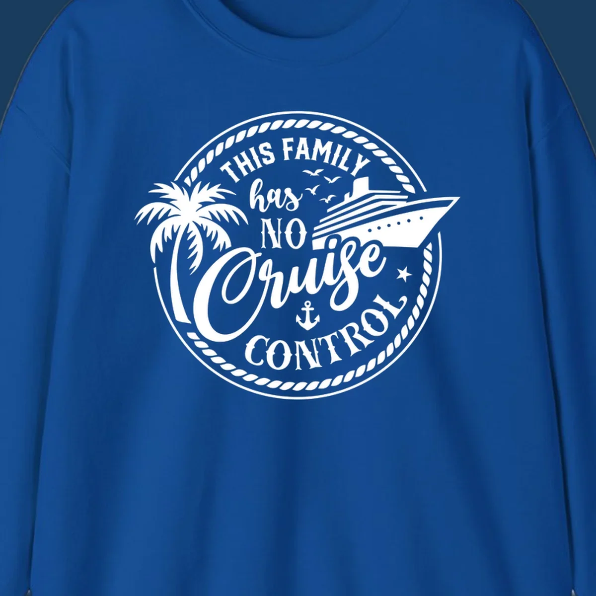Funny cruise design with text 'This Family Has No Cruise Control', a cruise ship, and a palm tree. Primary keyword root: no-cruise-control