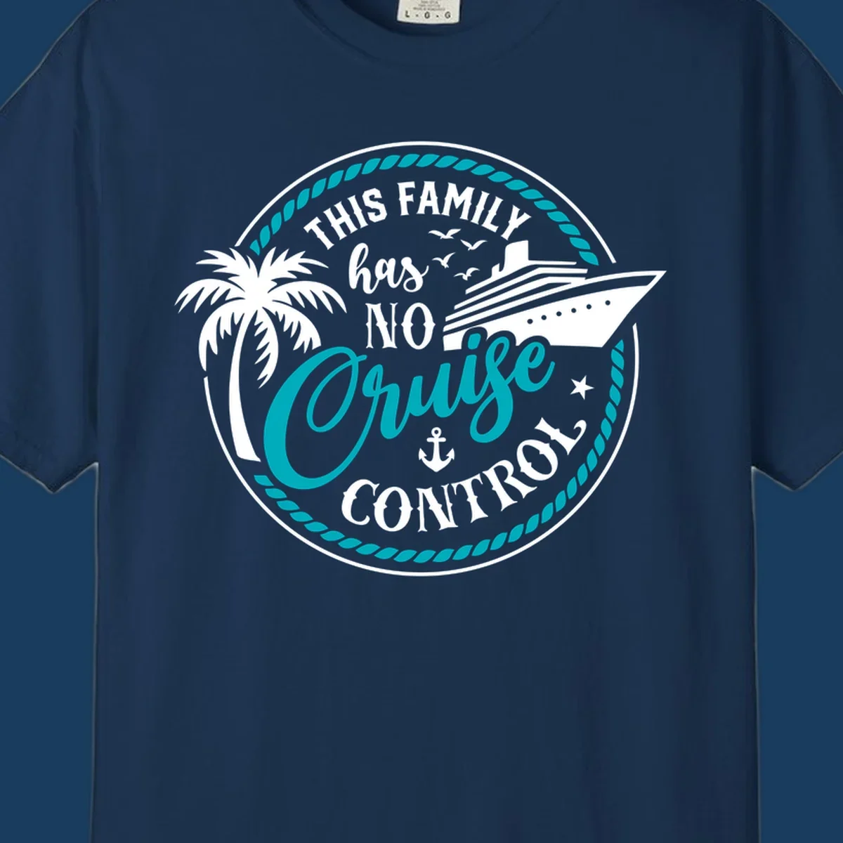 Text and illustration for 'This Family Has No Cruise Control' with cruise ship and palm tree.