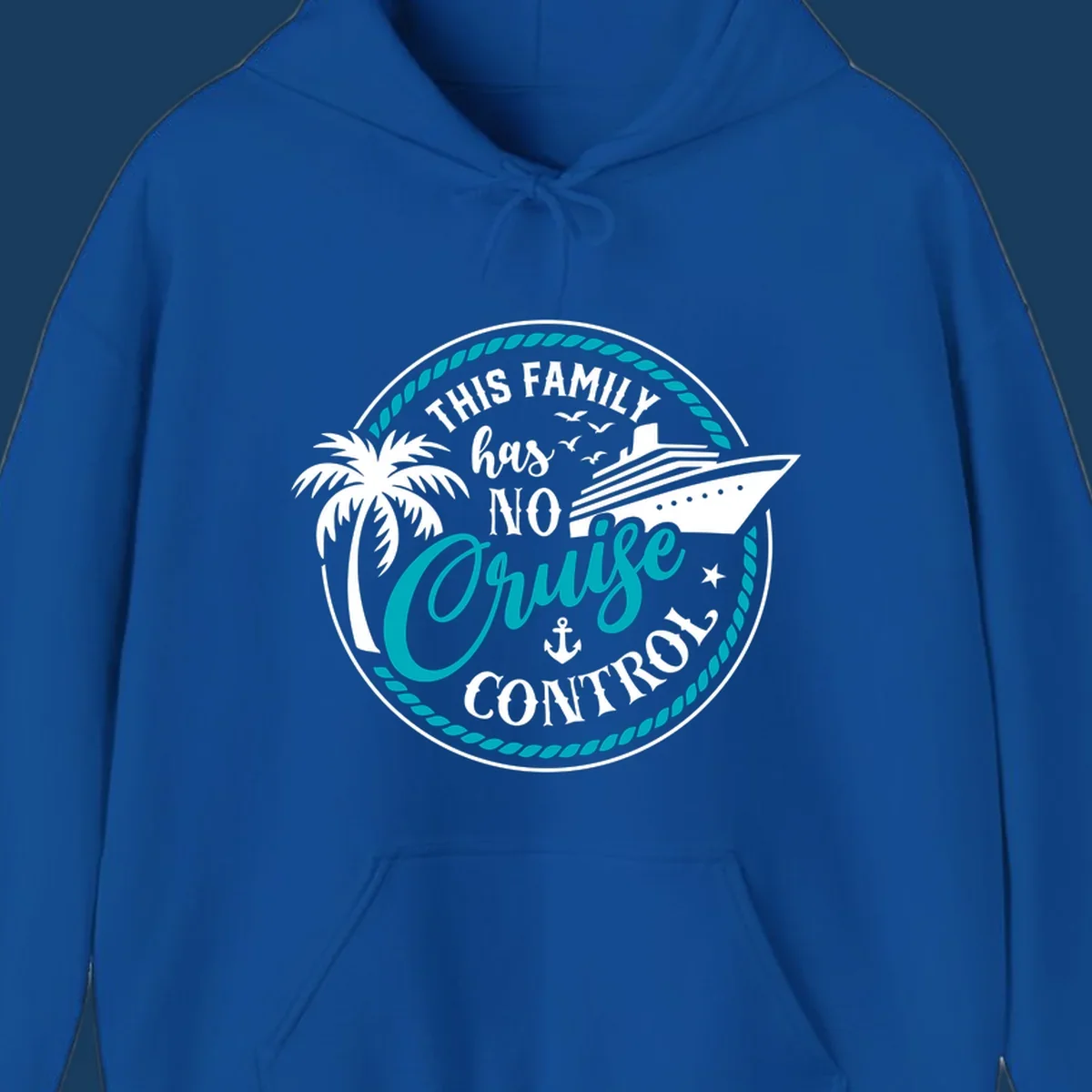 Text and illustration for 'This Family Has No Cruise Control' with cruise ship and palm tree.