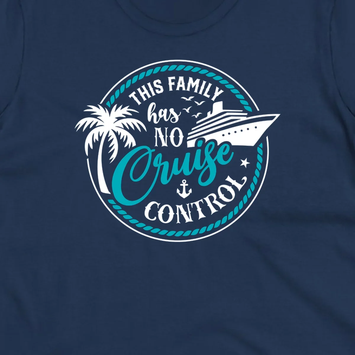 Text and illustration for 'This Family Has No Cruise Control' with cruise ship and palm tree.