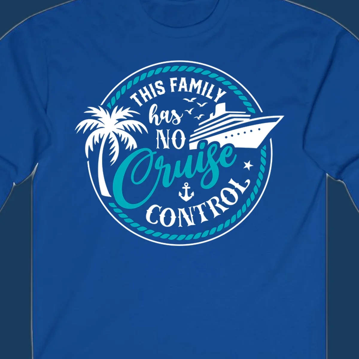 Text and illustration for 'This Family Has No Cruise Control' with cruise ship and palm tree.