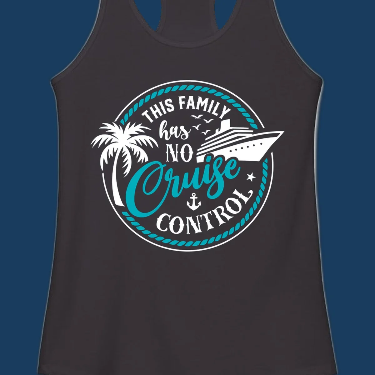 Text and illustration for 'This Family Has No Cruise Control' with cruise ship and palm tree.