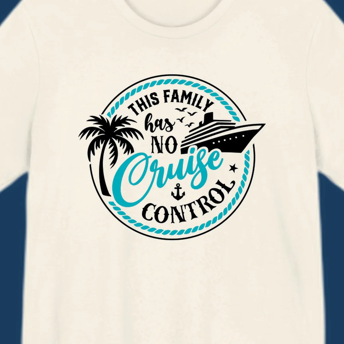 Text and illustration for 'This Family Has No Cruise Control' with cruise ship and palm tree.