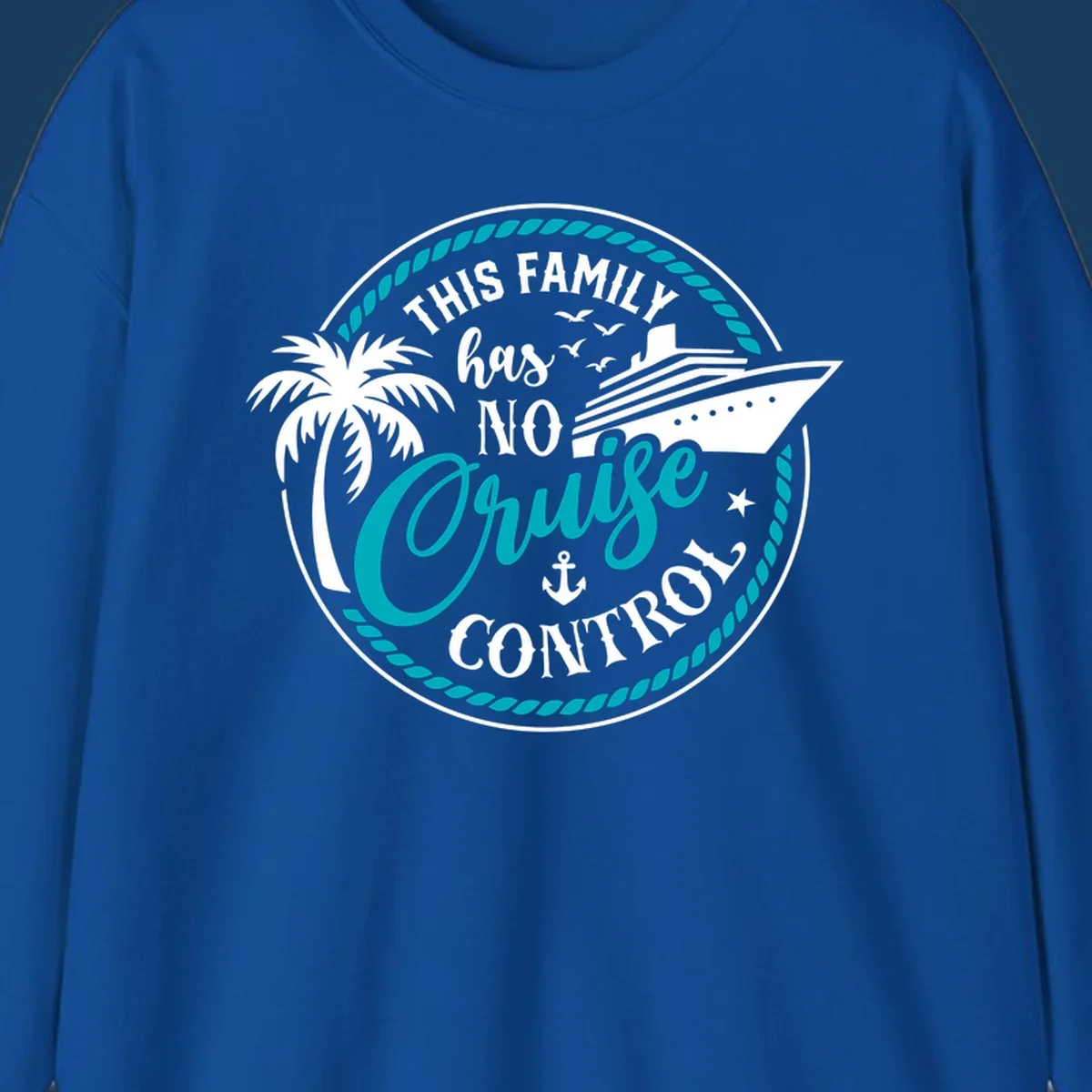 Text and illustration for 'This Family Has No Cruise Control' with cruise ship and palm tree.