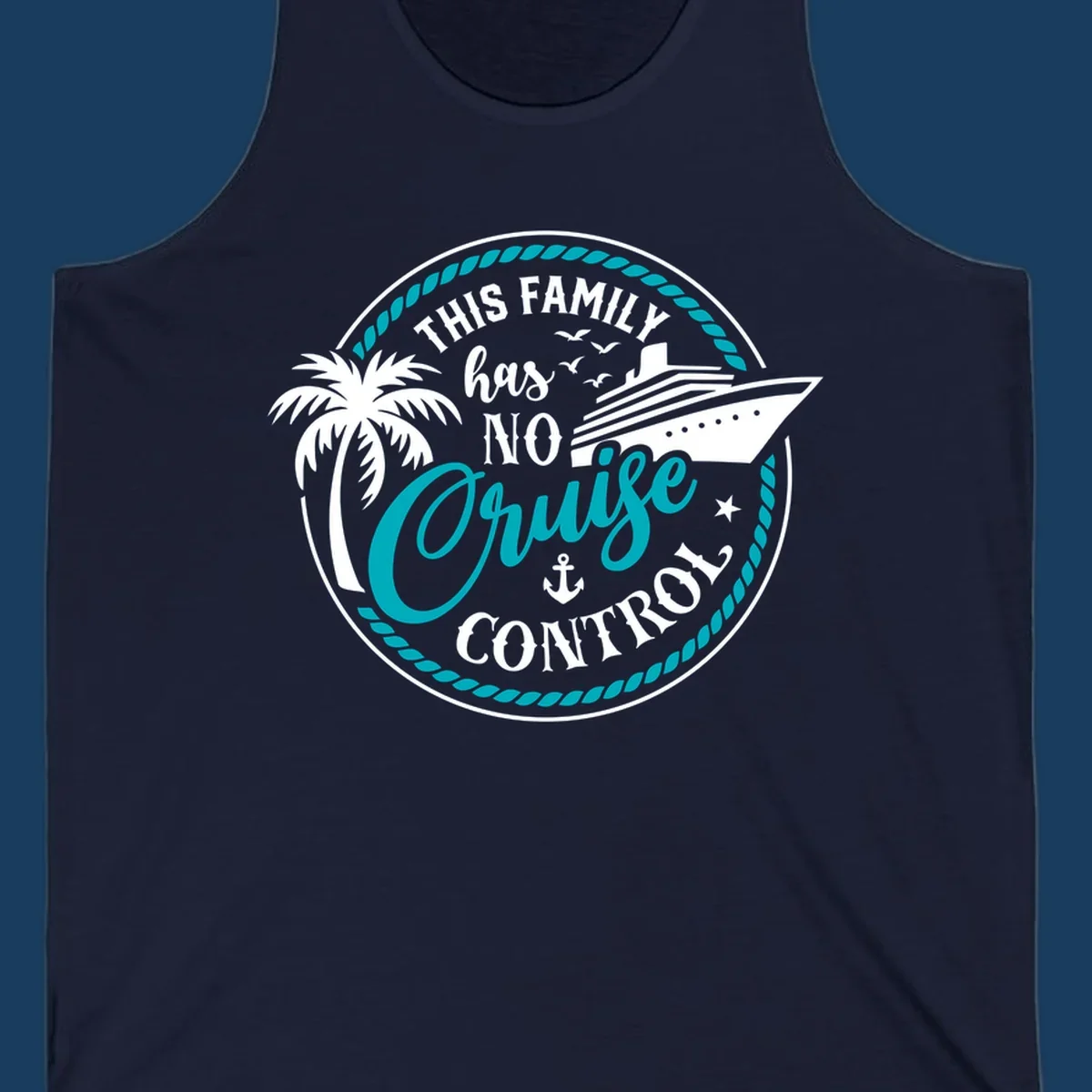 Text and illustration for 'This Family Has No Cruise Control' with cruise ship and palm tree.