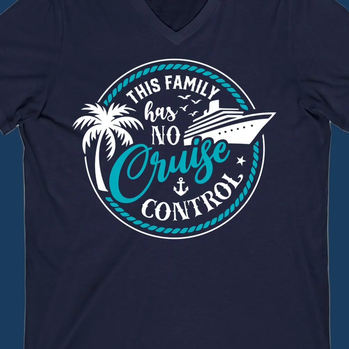 Text and illustration for 'This Family Has No Cruise Control' with cruise ship and palm tree.