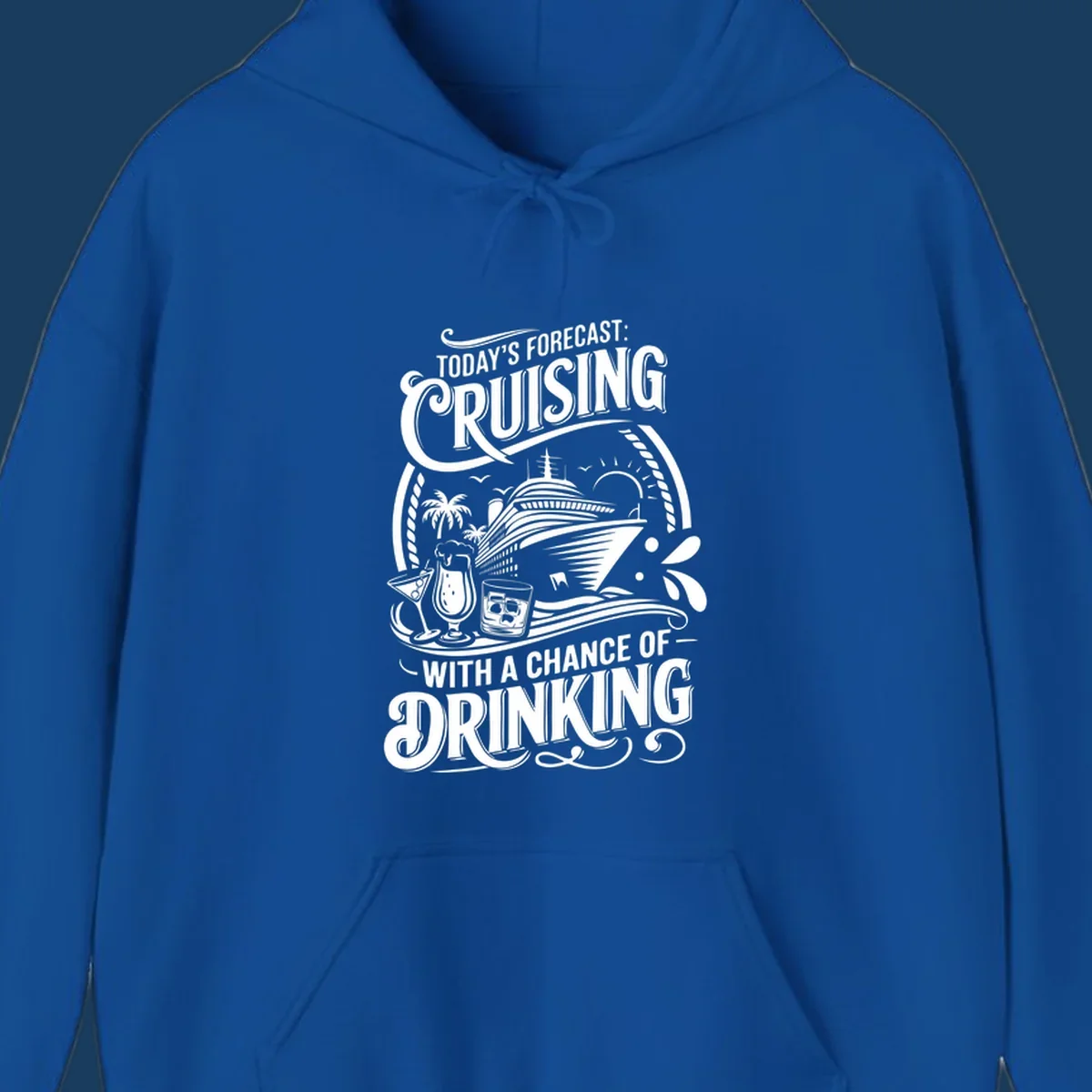 Typography design forecasting cruising with a chance of drinking, with cruise ship and drinks.