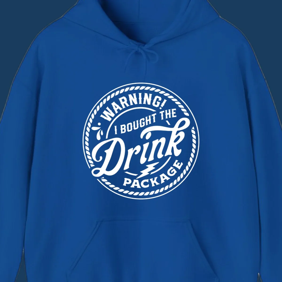 Circular badge design with rope border and text 'WARNING! I BOUGHT THE Drink PACKAGE', drink package warning concept.