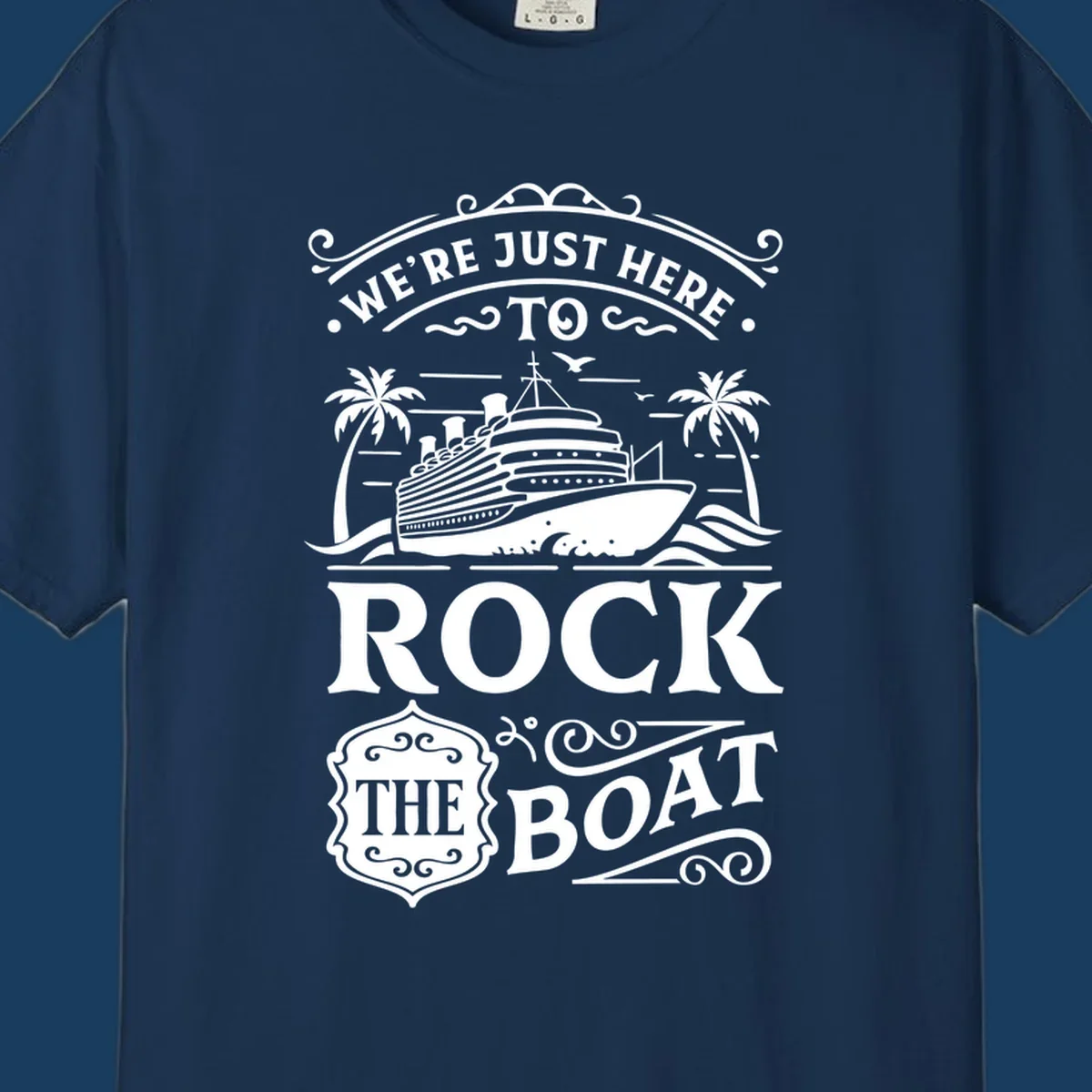 Text and illustration of a cruise ship and palm trees with the phrase Rock The Boat Cruise.