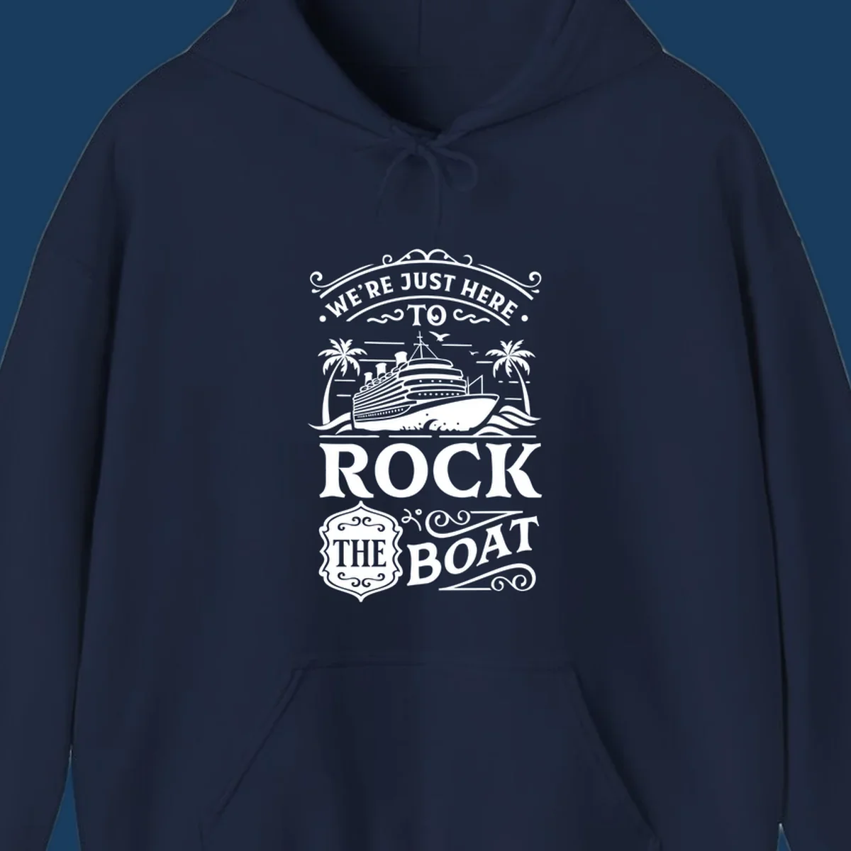 Text and illustration of a cruise ship and palm trees with the phrase Rock The Boat Cruise.