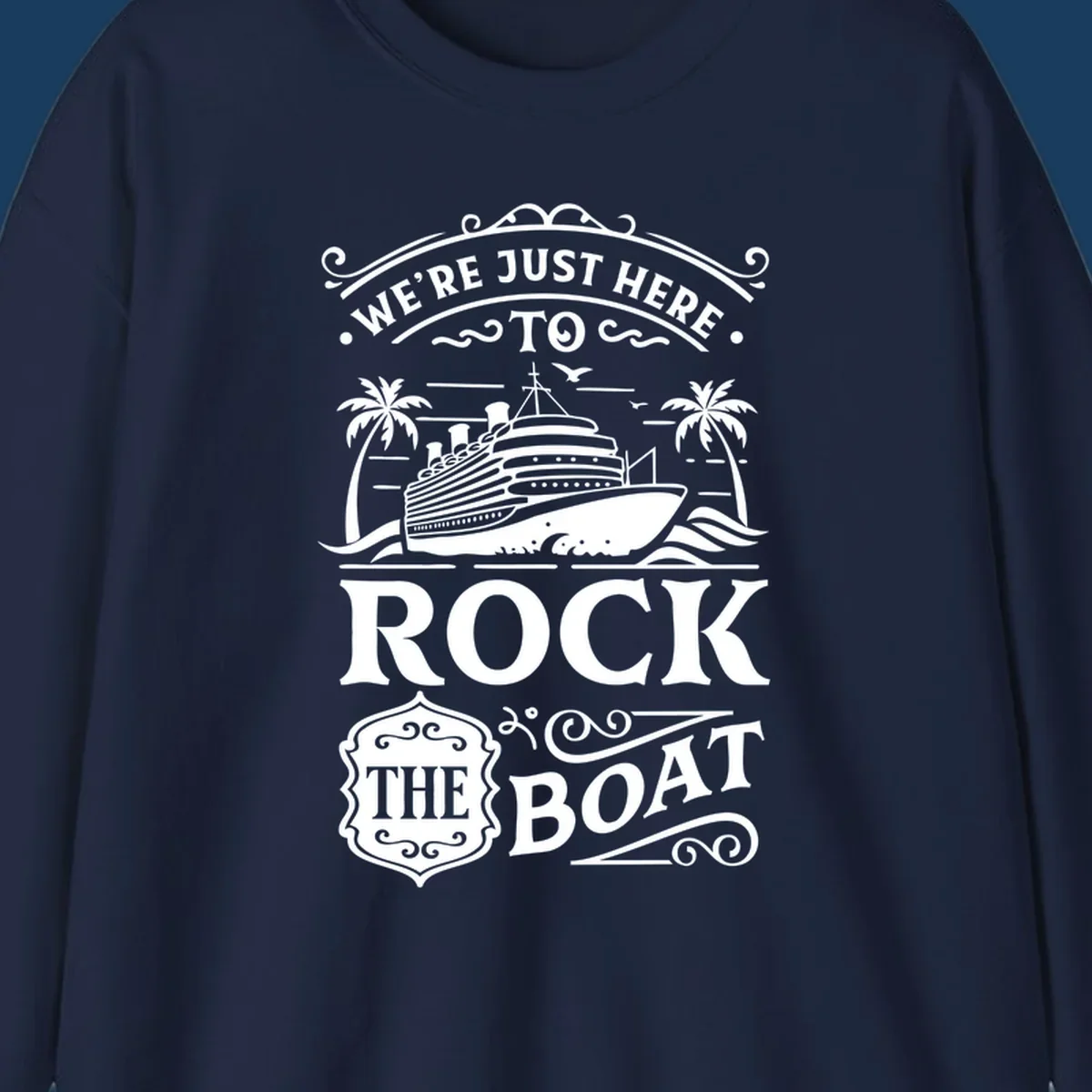 Text and illustration of a cruise ship and palm trees with the phrase Rock The Boat Cruise.