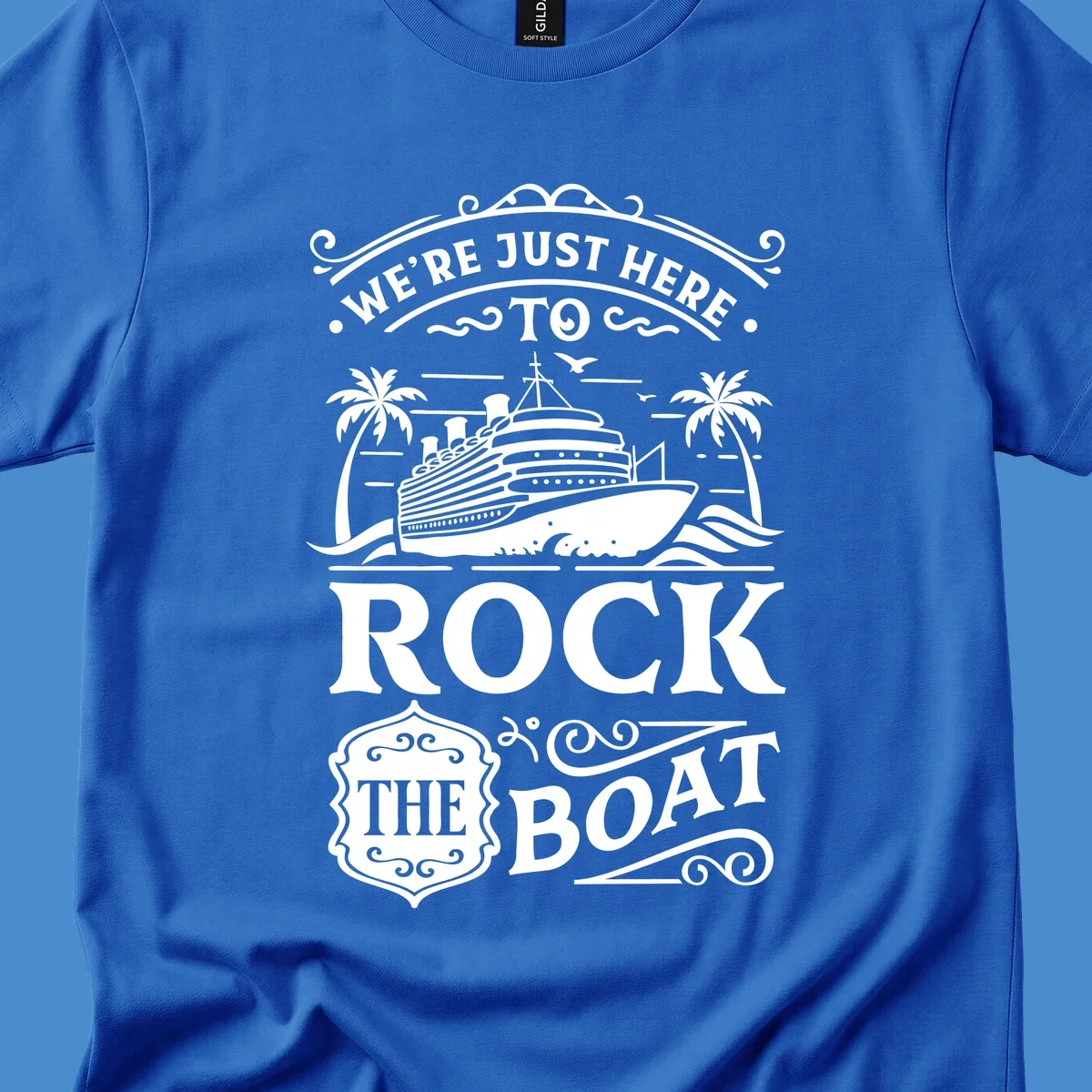 Text and illustration of a cruise ship and palm trees with the phrase Rock The Boat Cruise.
